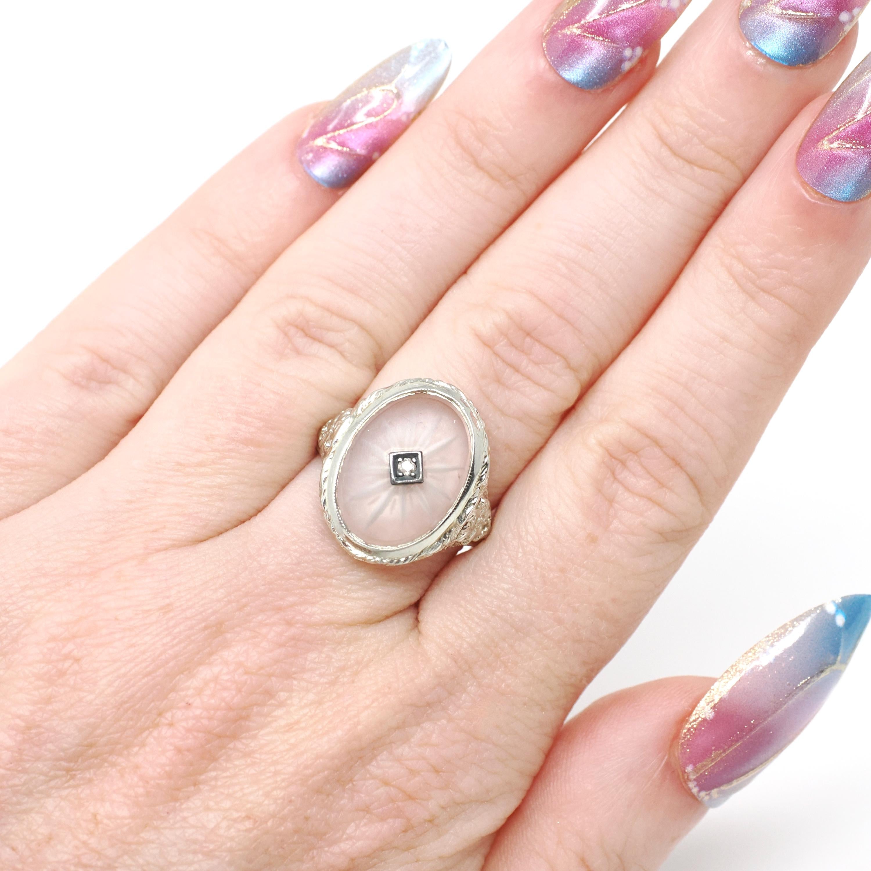 Rock Crystal Quartz Ring - Vintage 14k White Gold Oval Natural Diamond Statement - Vintage 1930s Size 6 1/4 Camphor Glass Style Fine Jewelry