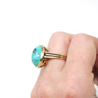 Vintage Turquoise Ring - Mid Century 14k Yellow Gold Oval Cabochon Cut Blue Gemstone - Circa 1960s Era Size 6 3/4 Unisex Statement Jewelry