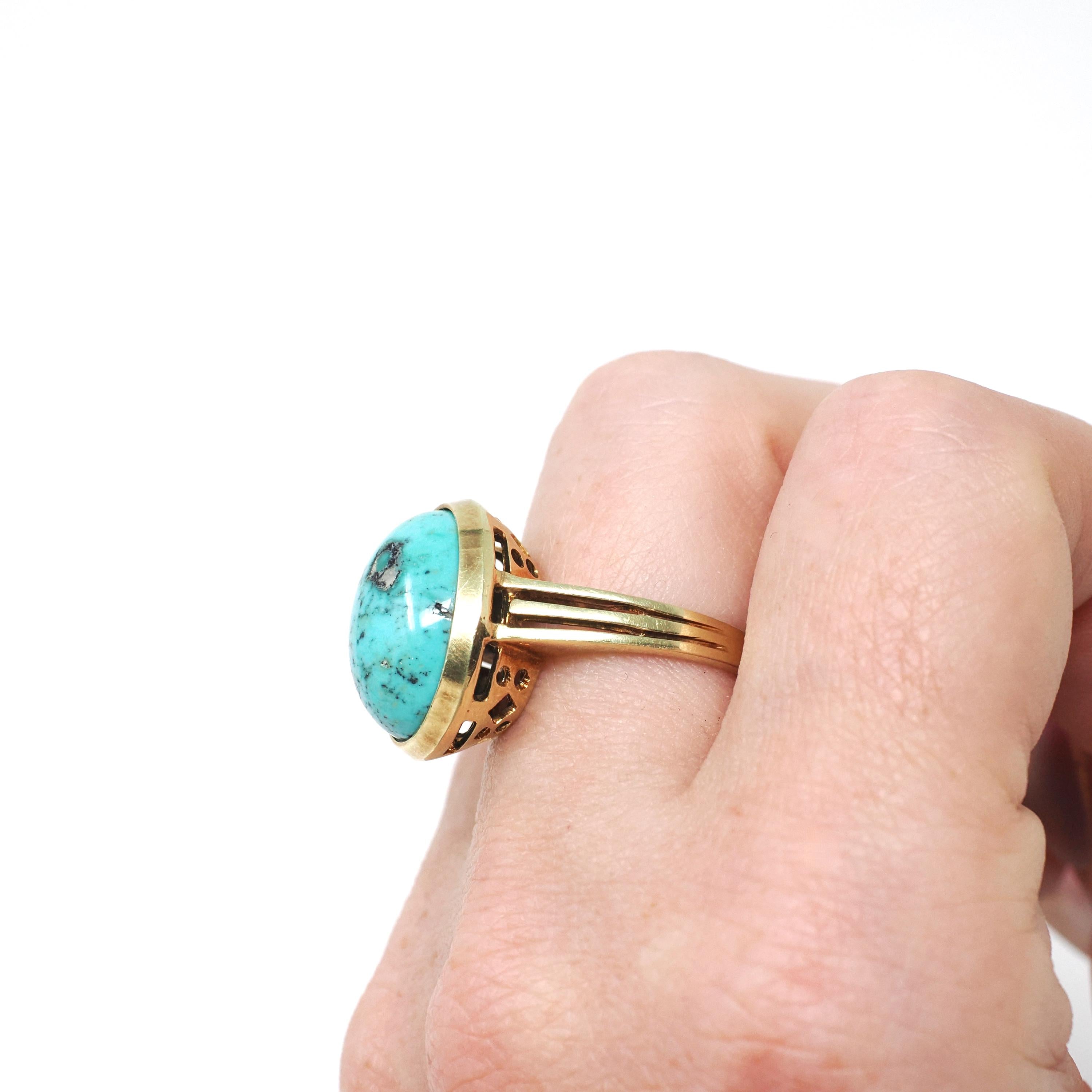 Vintage Turquoise Ring - Mid Century 14k Yellow Gold Oval Cabochon Cut Blue Gemstone - Circa 1960s Era Size 6 3/4 Unisex Statement Jewelry