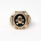 Skull & Crossbones Ring - Mid Century Era 10k Yellow Gold Black Chalcedony Onyx Statement - Vintage 1952 Size 5 3/4 TUH Class Fine Jewelry