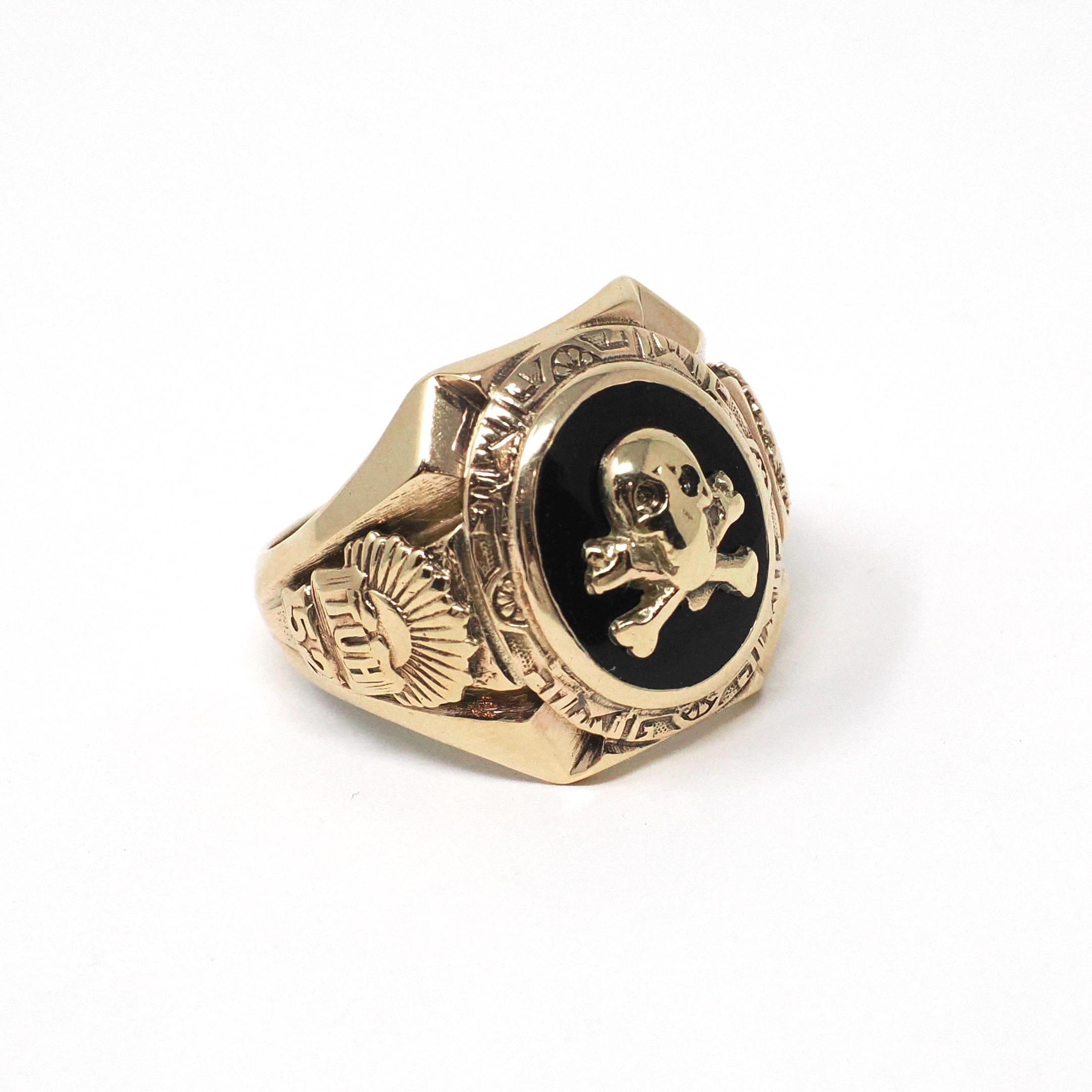 Skull & Crossbones Ring - Mid Century Era 10k Yellow Gold Black Chalcedony Onyx Statement - Vintage 1952 Size 5 3/4 TUH Class Fine Jewelry