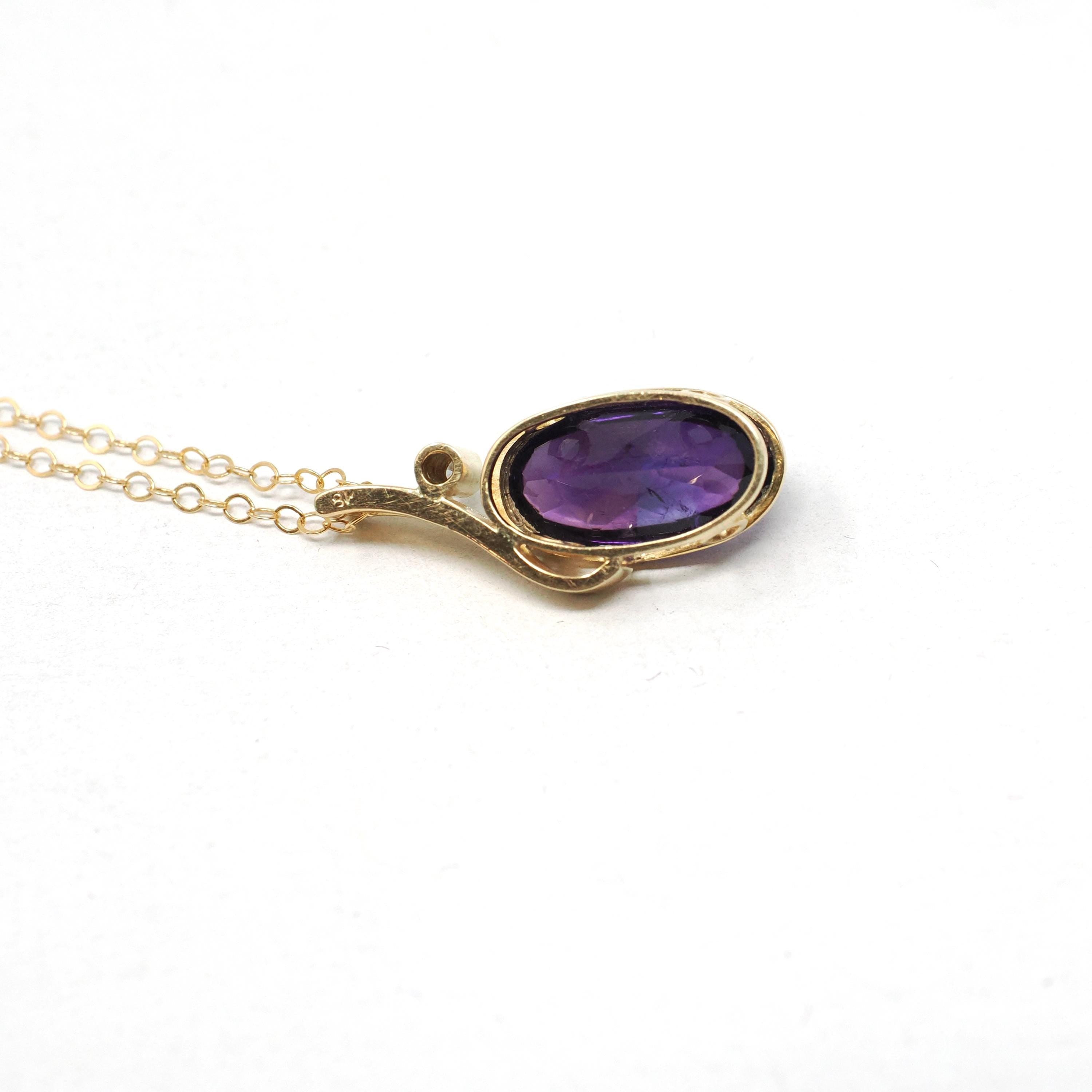 Amethyst & Diamond Charm - Estate 18k Yellow Gold Oval Cabochon Purple Gem Pendant Necklace - Modern Circa 2000s February Birthstone Jewelry