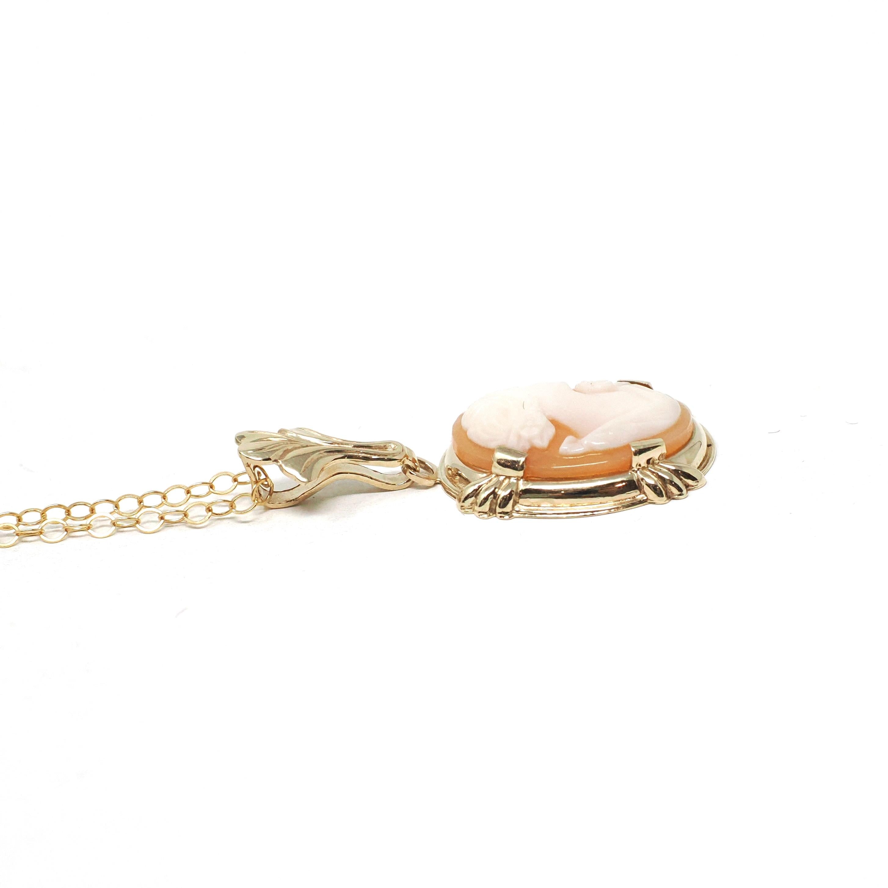 Vintage Cameo Necklace - Retro 10k Yellow Gold Oval Carved Shell Flower Pendant Charm - Circa 1940s Era Statement Fine Esemco 40s Jewelry