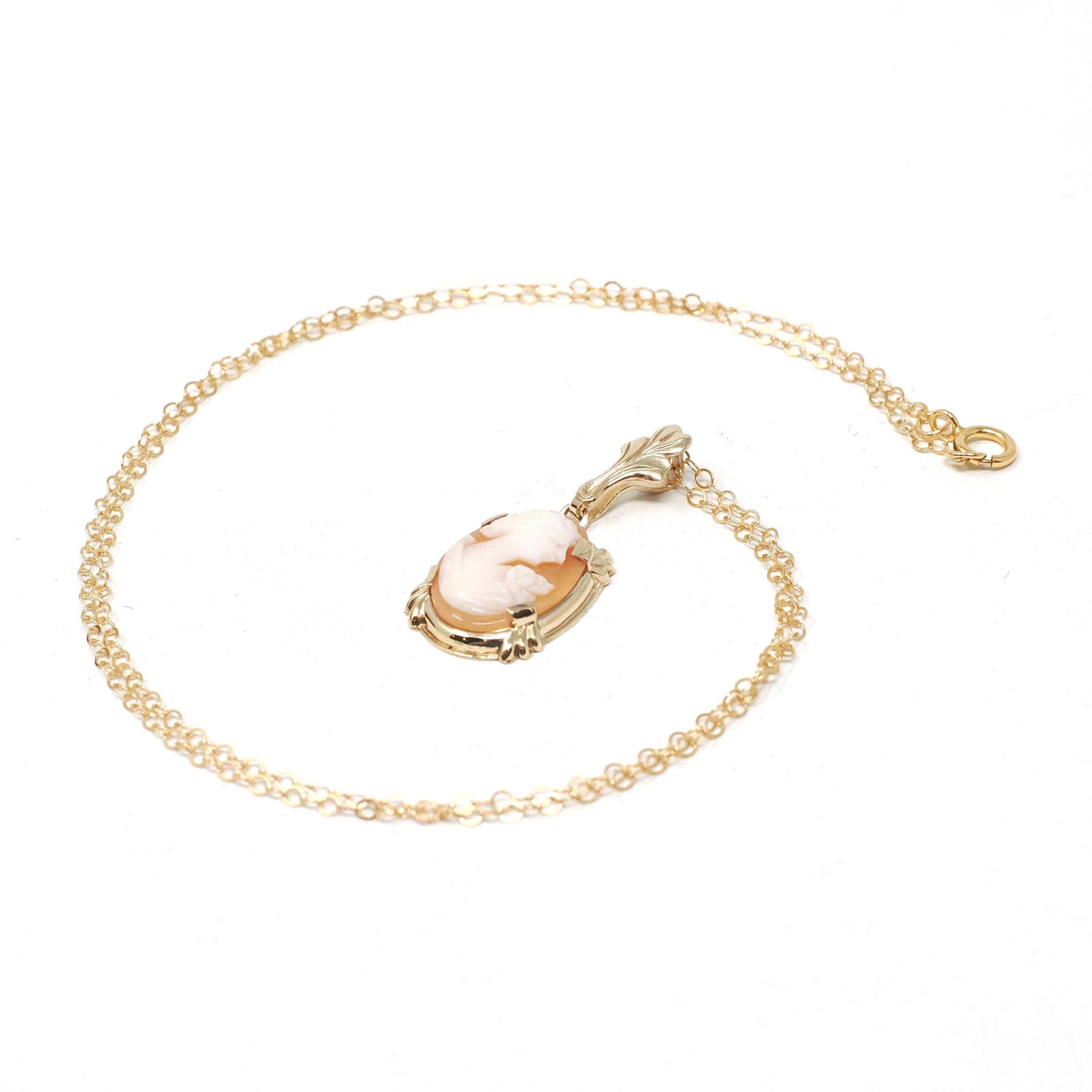 Vintage Cameo Necklace - Retro 10k Yellow Gold Oval Carved Shell Flower Pendant Charm - Circa 1940s Era Statement Fine Esemco 40s Jewelry