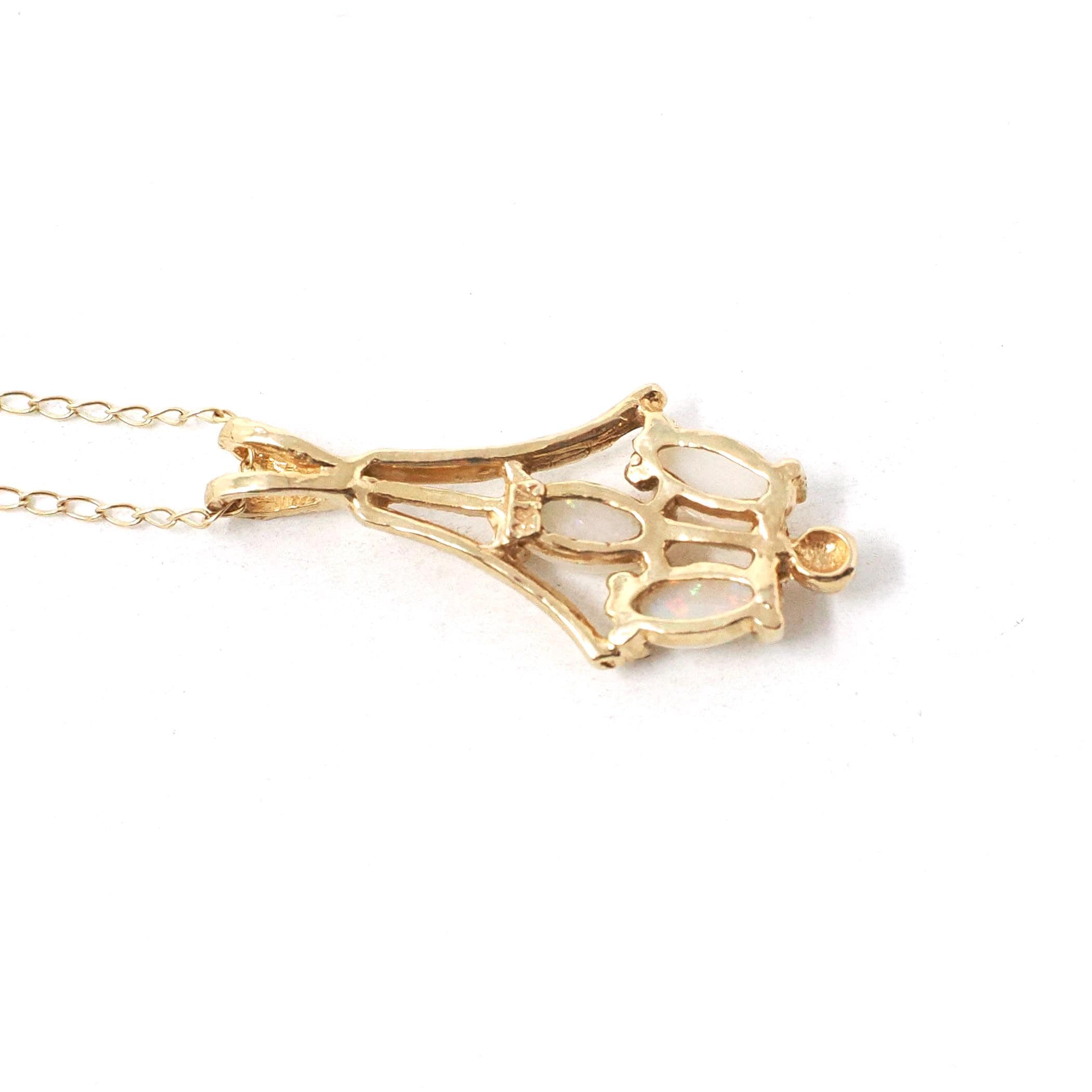 Vintage Opal Pendant - Retro 14k Yellow Gold Marquise Cabochon Cut Gemstones Necklace - Vintage Circa 1970s October Birthstone Fine Jewelry