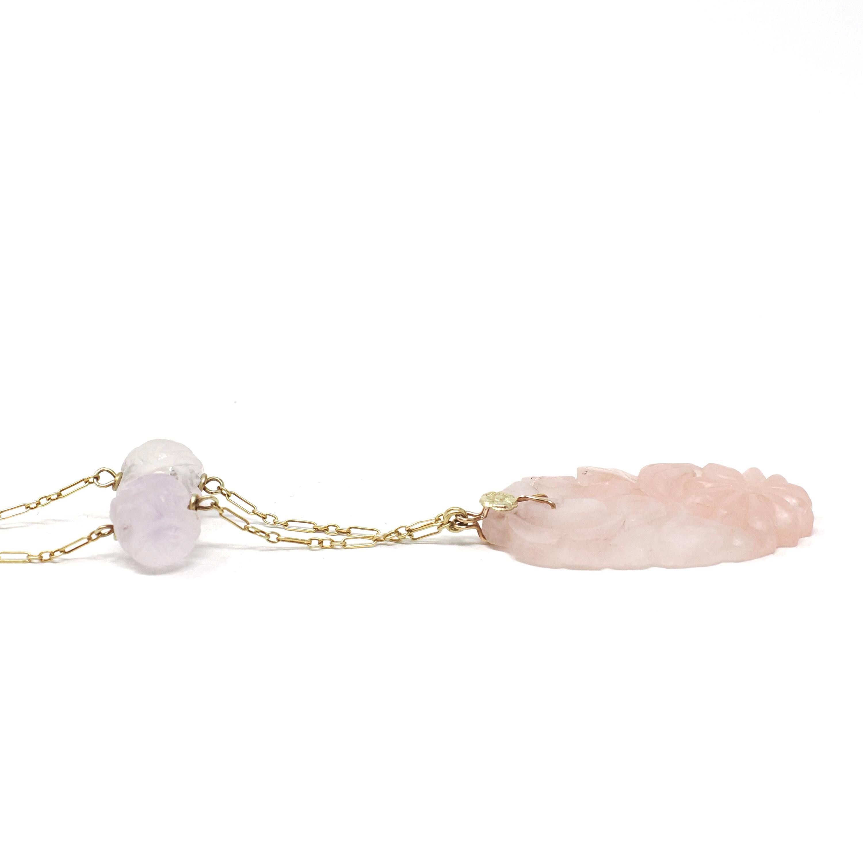 Carved Rose Quartz Necklace - Vintage Art Deco 14k Yellow Gold Natural Pink Gemstones - Circa 1930s Era Statement Beaded Flower Fine Jewelry