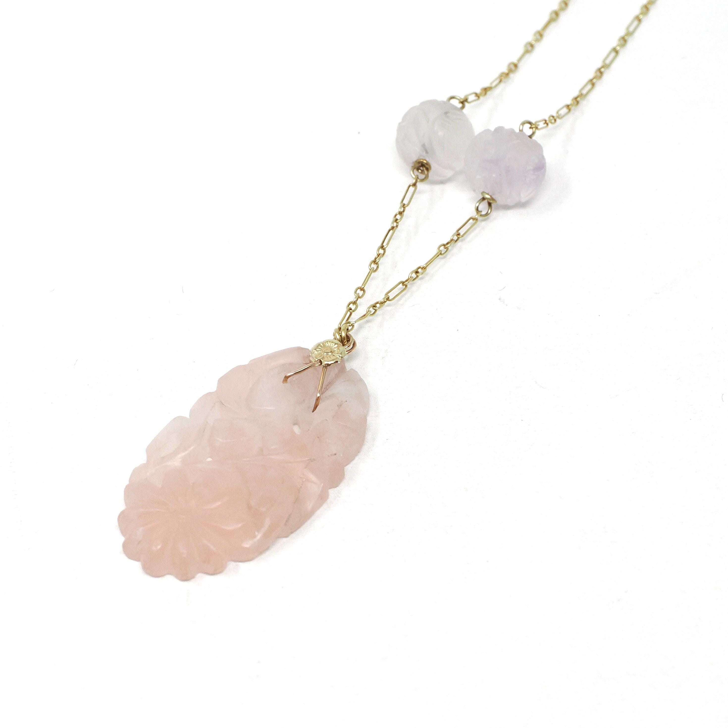 Carved Rose Quartz Necklace - Vintage Art Deco 14k Yellow Gold Natural Pink Gemstones - Circa 1930s Era Statement Beaded Flower Fine Jewelry
