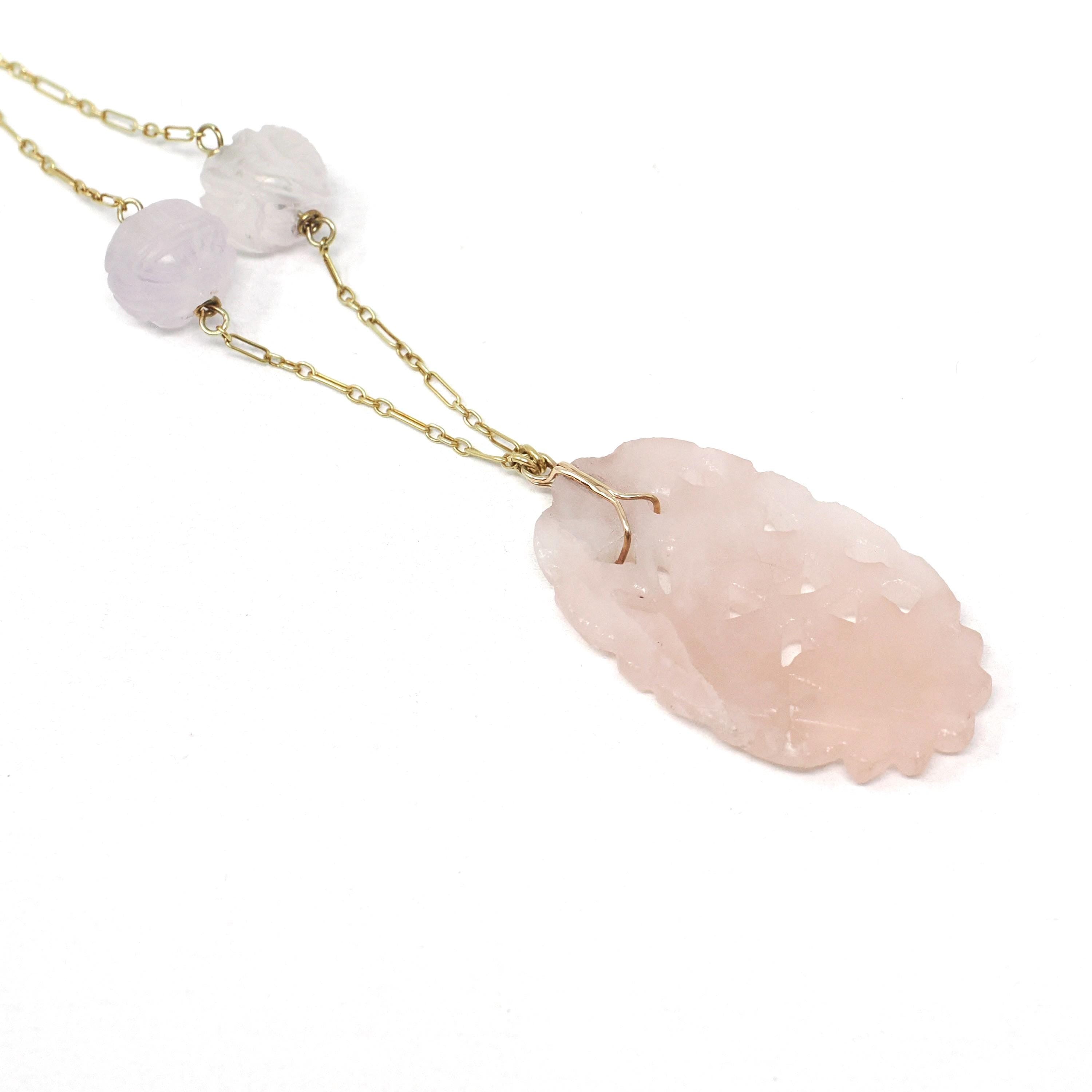 Carved Rose Quartz Necklace - Vintage Art Deco 14k Yellow Gold Natural Pink Gemstones - Circa 1930s Era Statement Beaded Flower Fine Jewelry