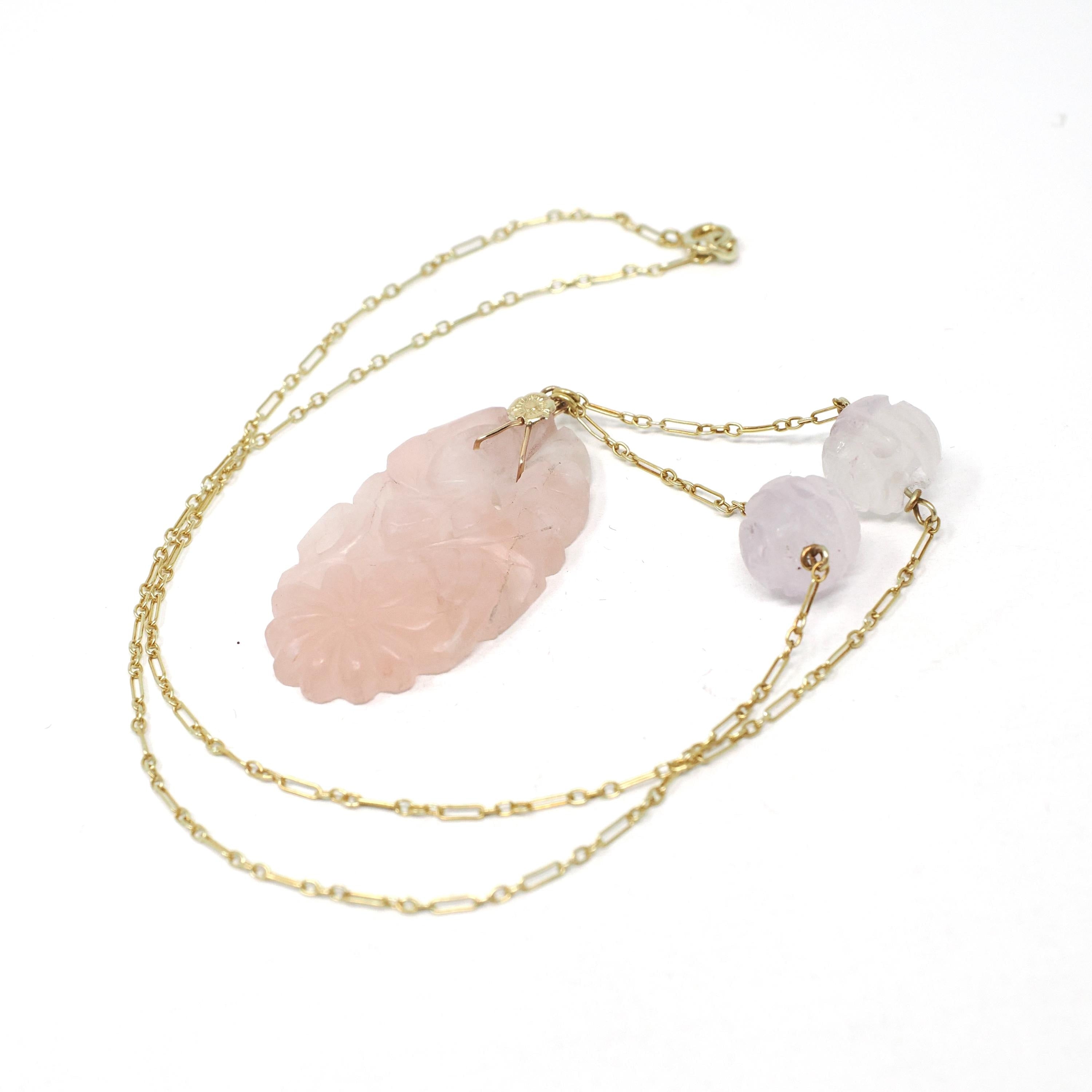 Carved Rose Quartz Necklace - Vintage Art Deco 14k Yellow Gold Natural Pink Gemstones - Circa 1930s Era Statement Beaded Flower Fine Jewelry