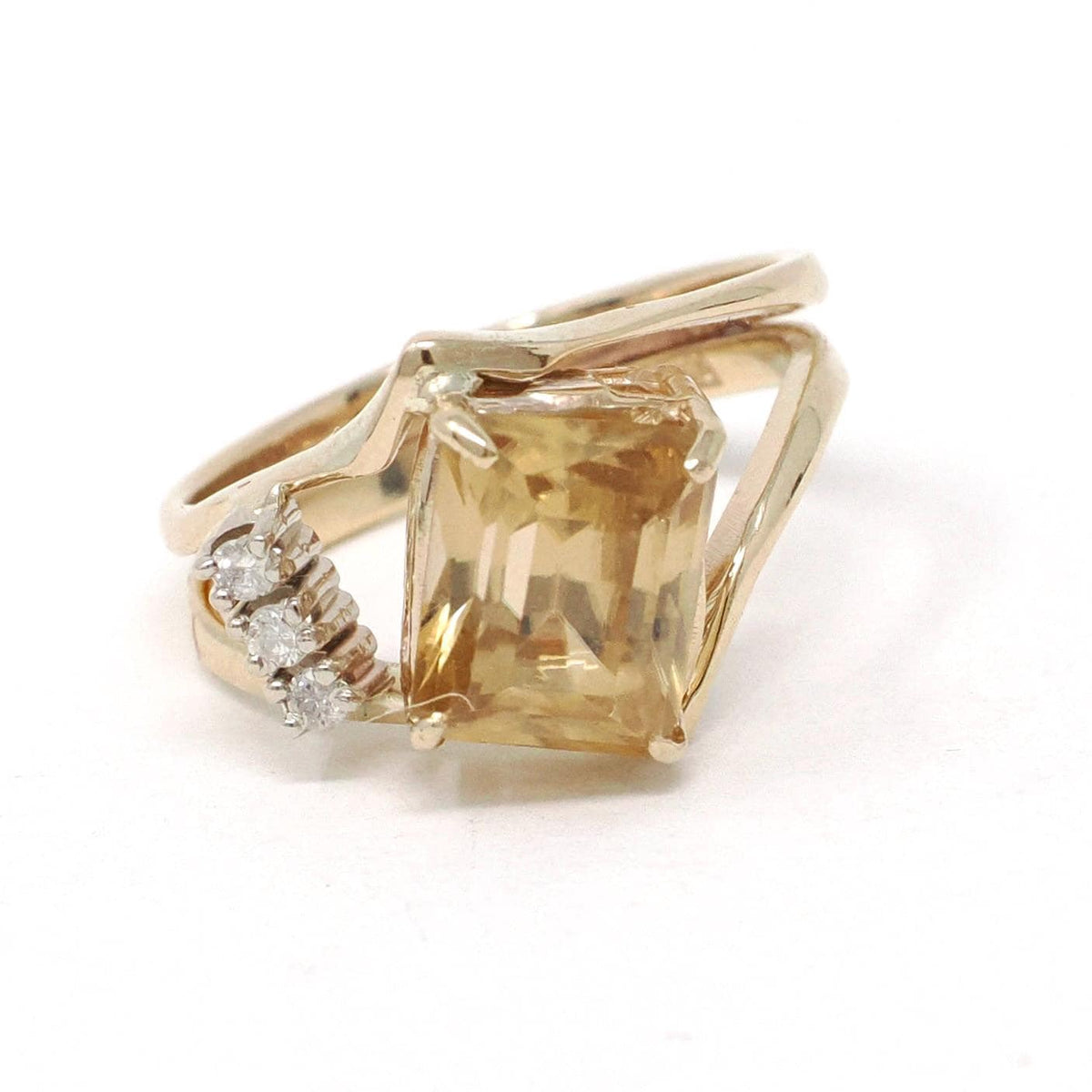 Vintage Zircon Ring - Retro 14k Yellow Gold Yellow Gemstone Natural Diamond Accents - Circa 1970s Era Size 5 3/4 Bypass Style Fine Jewelry