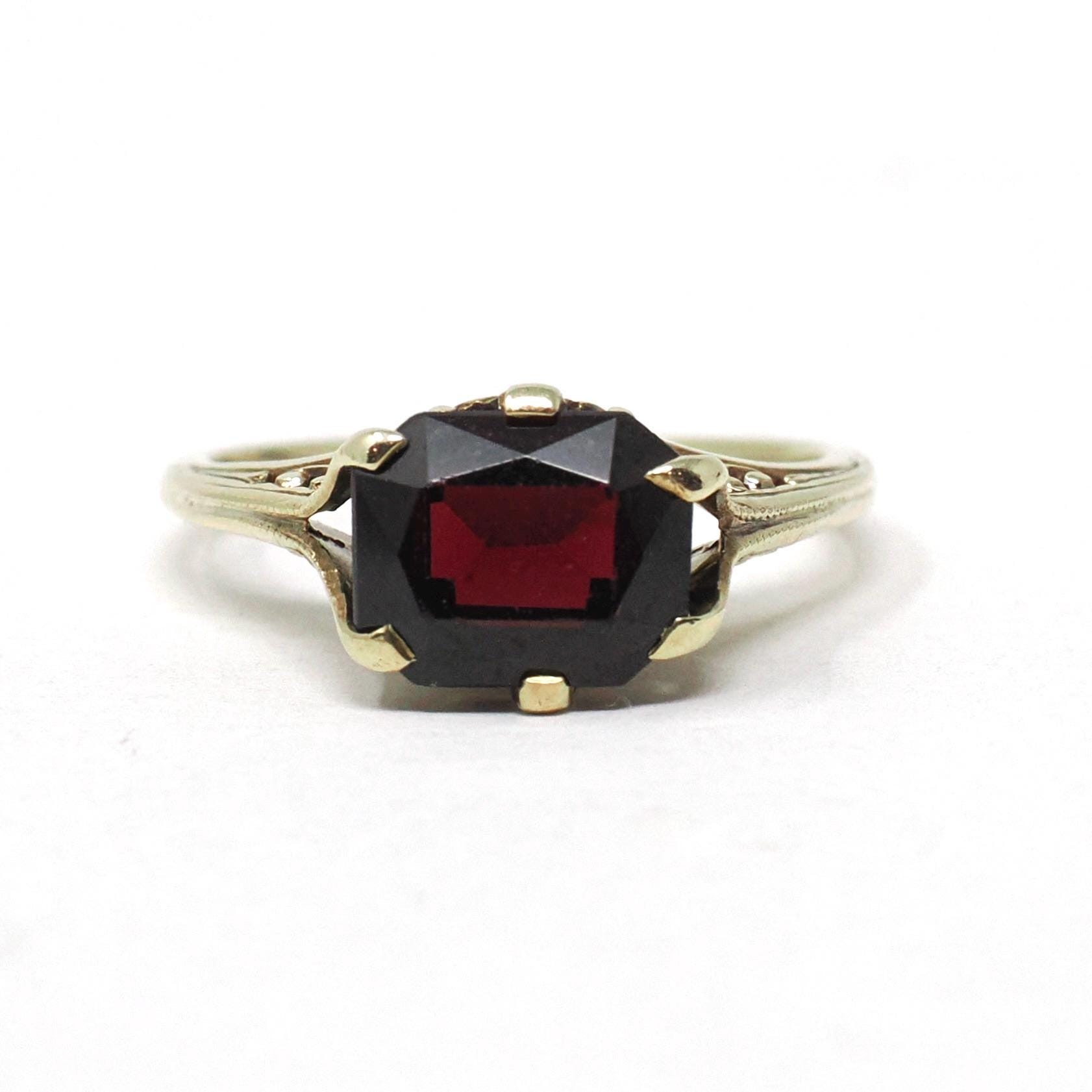Antique Garnet Ring - Edwardian 14k Yellow Gold Natural Dark Red Gemstone - Circa 1900s Size 4 3/4 January Birthstone Filigree Fine Jewelry