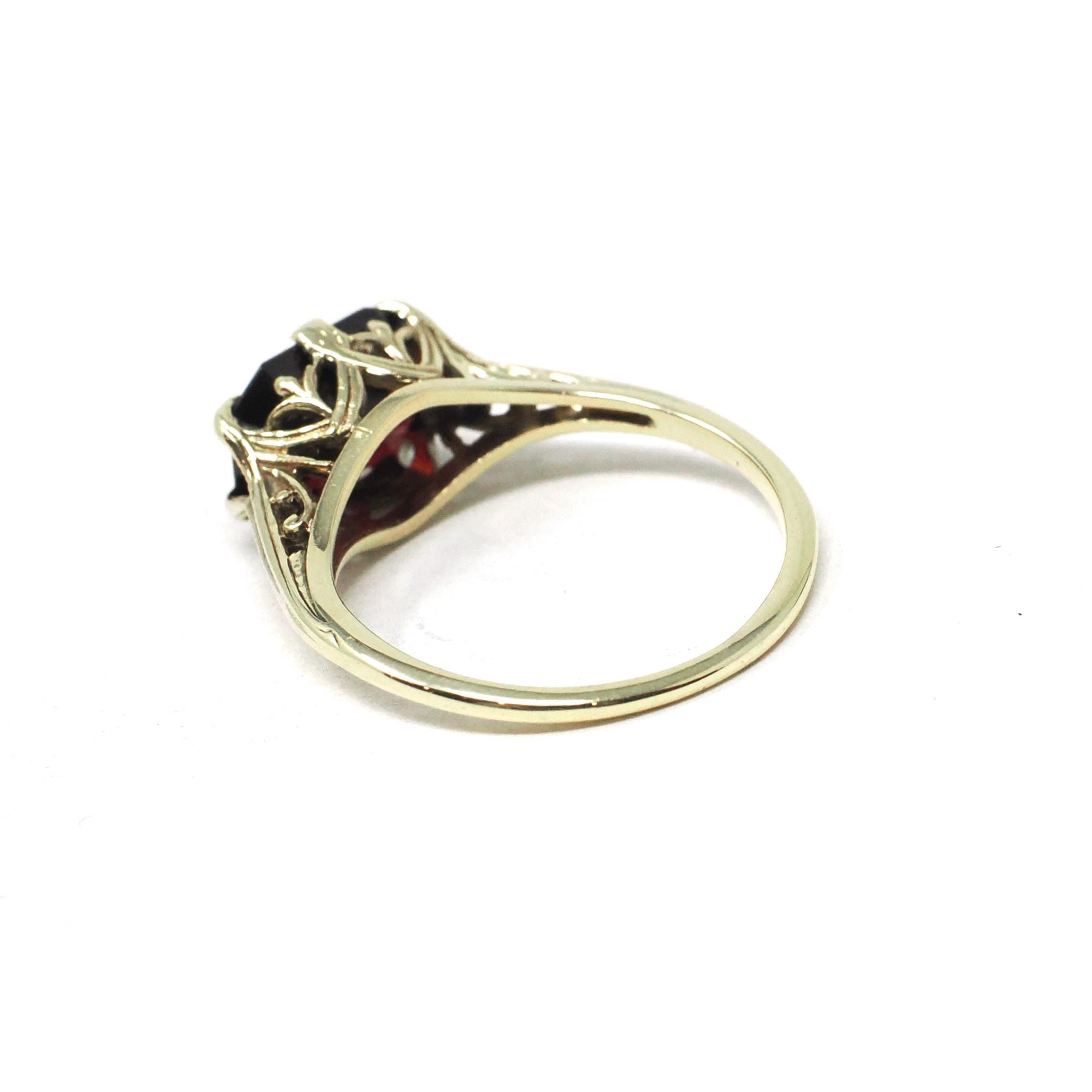 Antique Garnet Ring - Edwardian 14k Yellow Gold Natural Dark Red Gemstone - Circa 1900s Size 4 3/4 January Birthstone Filigree Fine Jewelry