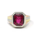 Created Ruby Ring - Mid Century 14k Tri Tone White Yellow Rose Gold Statement - Vintage Circa 1940s Era Size 9 July Birthstone Fine Jewelry