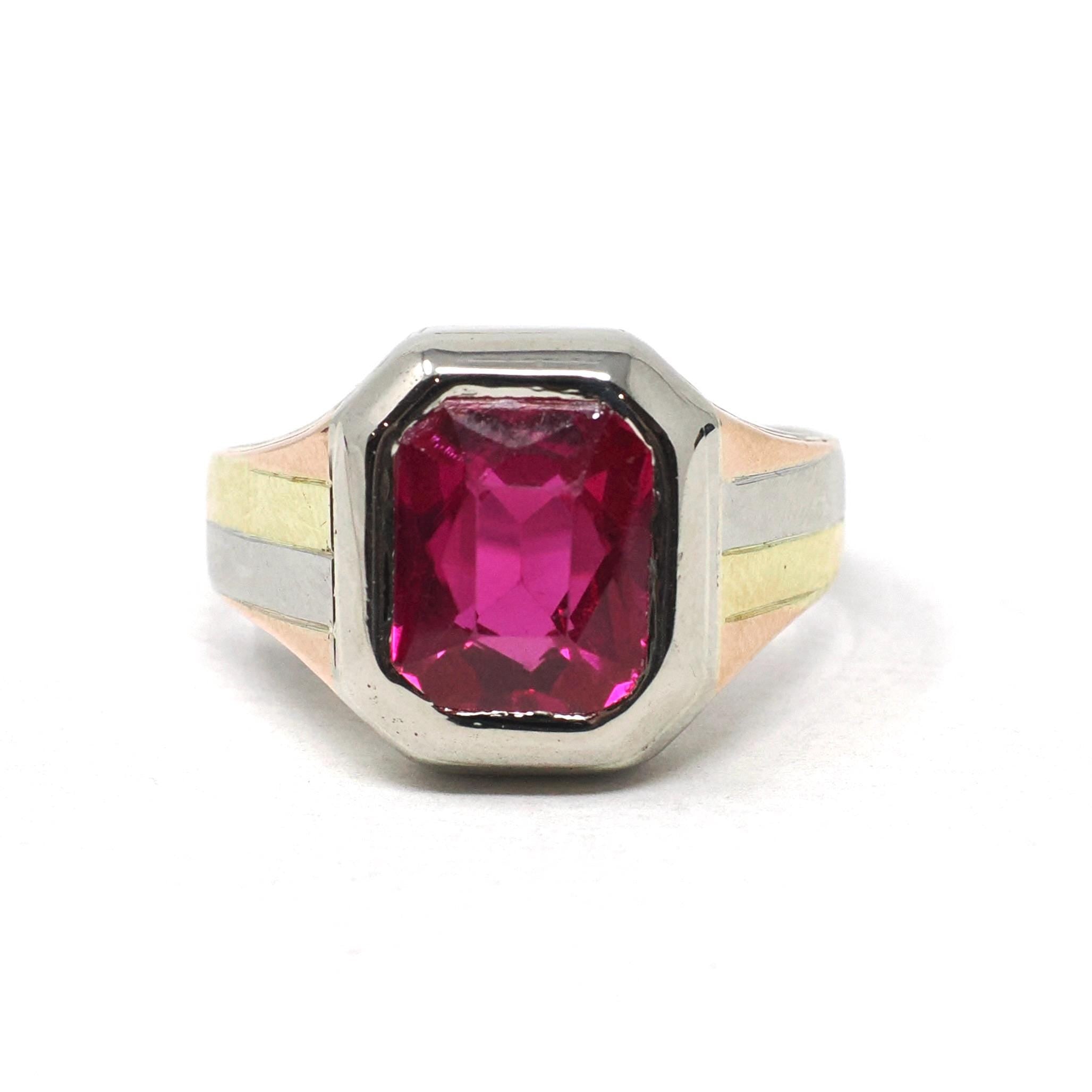 Created Ruby Ring - Mid Century 14k Tri Tone White Yellow Rose Gold Statement - Vintage Circa 1940s Era Size 9 July Birthstone Fine Jewelry