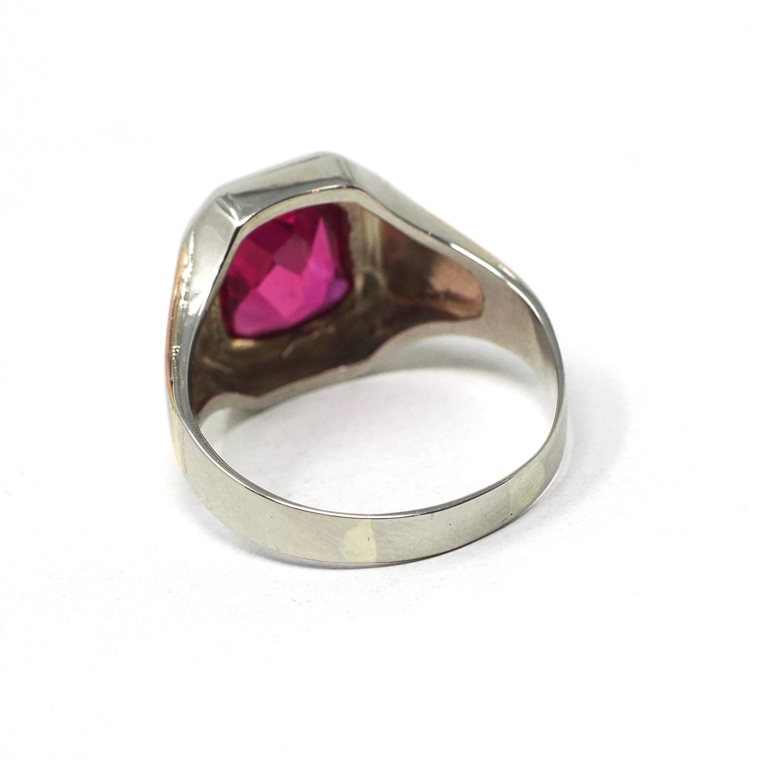 Created Ruby Ring - Mid Century 14k Tri Tone White Yellow Rose Gold Statement - Vintage Circa 1940s Era Size 9 July Birthstone Fine Jewelry