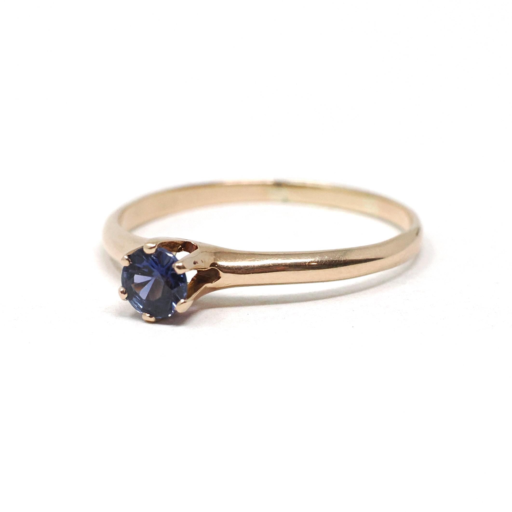 Antique Solitaire Ring - Edwardian 10k Gold Created Indigo Blue Sapphire - Circa 1910s Size 8 Ostby & Barton Fine Engagement Bridal Jewelry