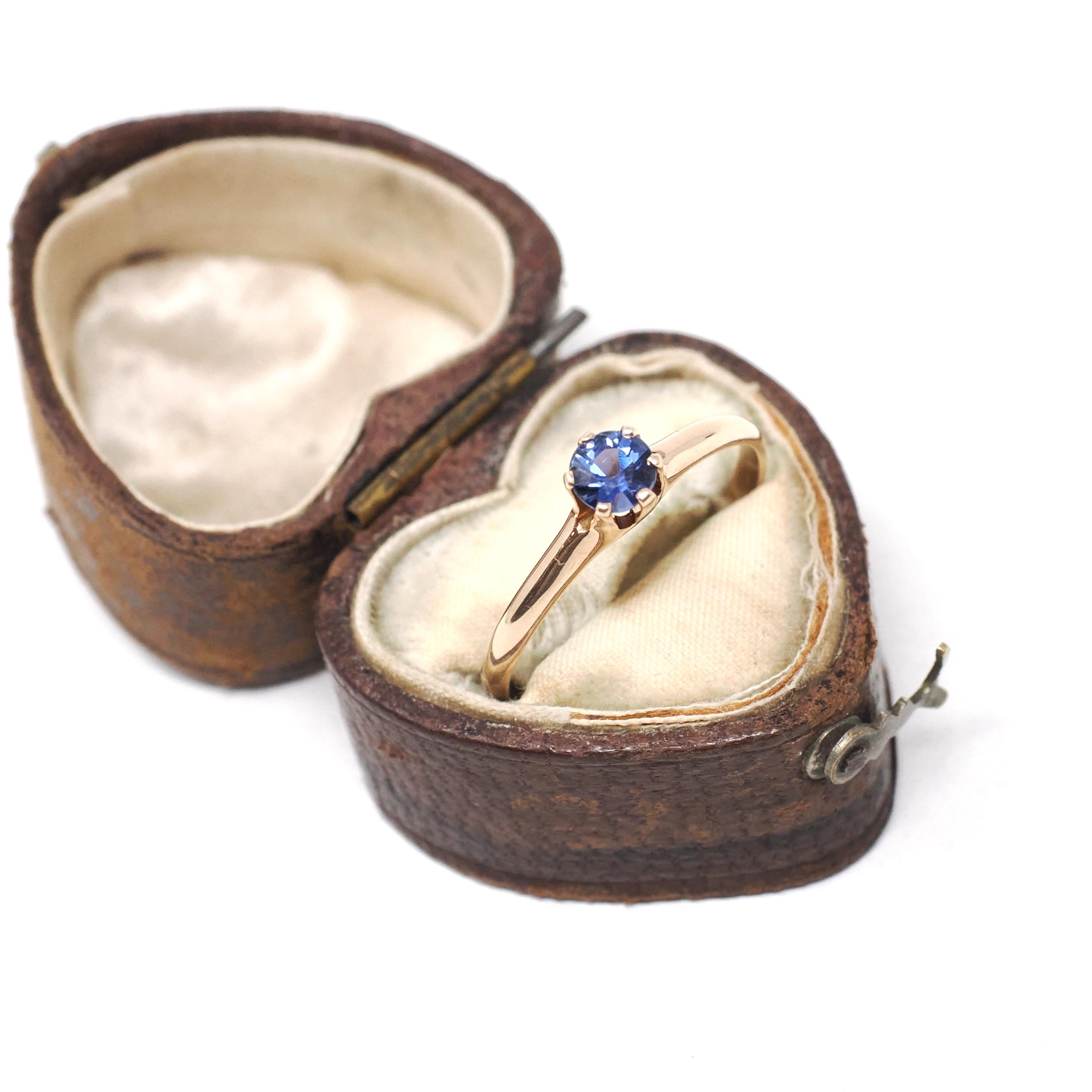 Antique Solitaire Ring - Edwardian 10k Gold Created Indigo Blue Sapphire - Circa 1910s Size 8 Ostby & Barton Fine Engagement Bridal Jewelry