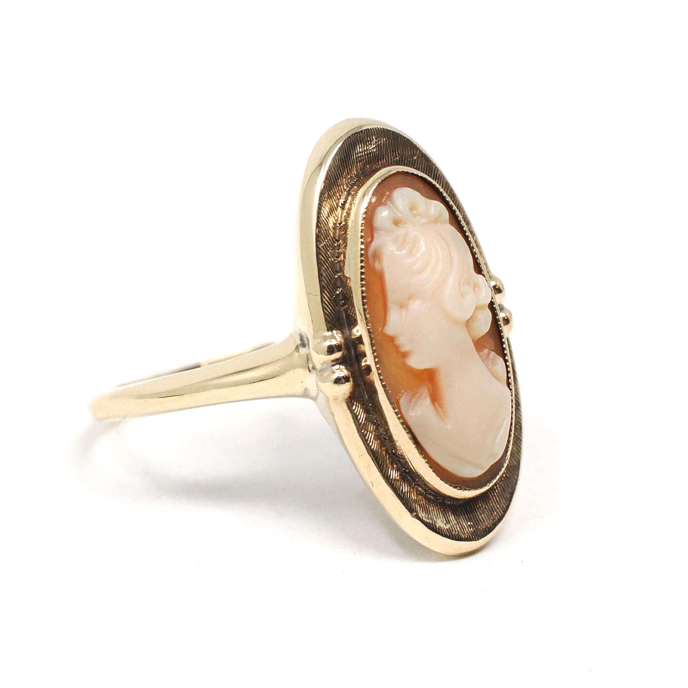 Vintage Cameo Ring - Retro 10k Yellow Gold Carved Oval Shell Woman's Profile Silhouette - Circa 1960s Era Size 7 1/2 Statement Fine Jewelry