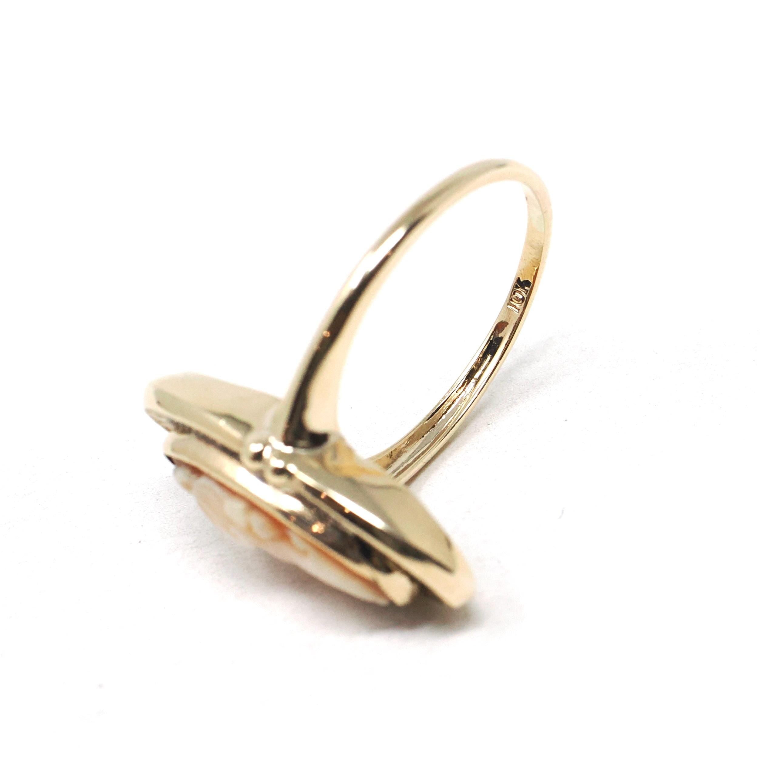 Vintage Cameo Ring - Retro 10k Yellow Gold Carved Oval Shell Woman's Profile Silhouette - Circa 1960s Era Size 7 1/2 Statement Fine Jewelry