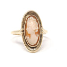 Vintage Cameo Ring - Retro 10k Yellow Gold Carved Oval Shell Woman's Profile Silhouette - Circa 1960s Era Size 7 1/2 Statement Fine Jewelry