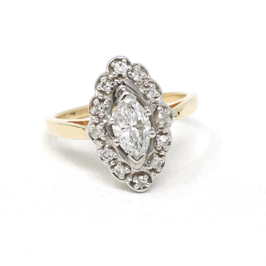 Diamond Shield Ring - Mid Century 14k Yellow & White Gold .64 CT Marquise Brilliant - Circa 1960s Era Size 6 3/4 Navette Bridal Fine Jewelry