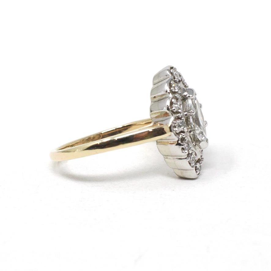 Diamond Shield Ring - Mid Century 14k Yellow & White Gold .64 CT Marquise Brilliant - Circa 1960s Era Size 6 3/4 Navette Bridal Fine Jewelry