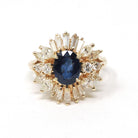 Vintage Ballerina Halo Ring - Estate 14k Yellow Gold Natural Sapphire Diamond Round Baguette Cluster - Modern 1990s Engagement Fine Jewelry