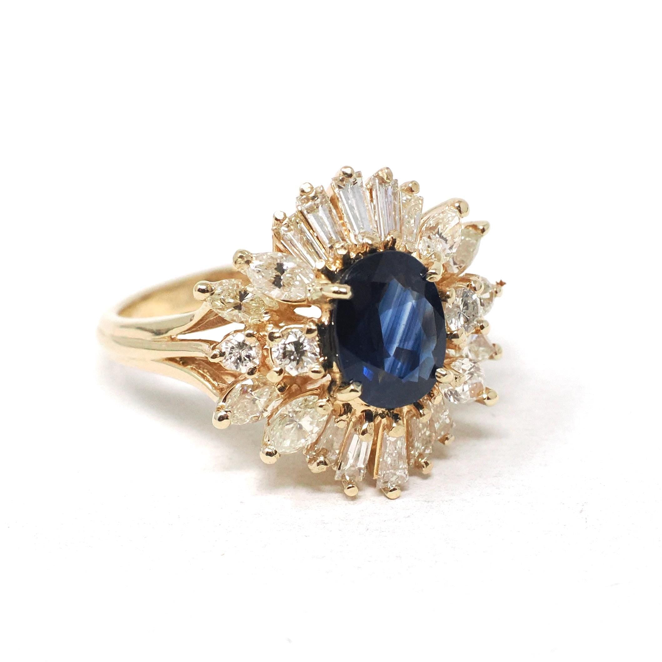 Vintage Ballerina Halo Ring - Estate 14k Yellow Gold Natural Sapphire Diamond Round Baguette Cluster - Modern 1990s Engagement Fine Jewelry