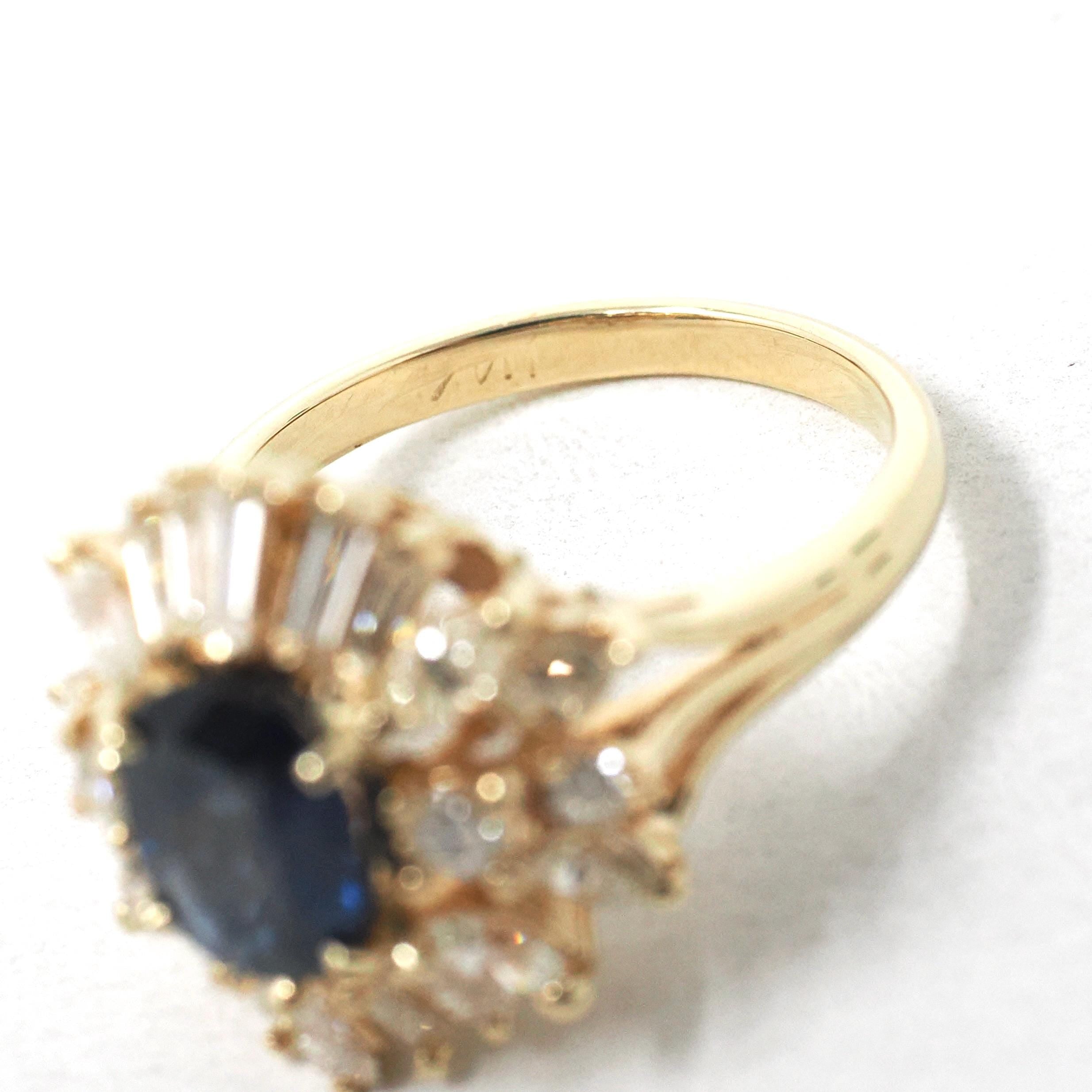 Vintage Ballerina Halo Ring - Estate 14k Yellow Gold Natural Sapphire Diamond Round Baguette Cluster - Modern 1990s Engagement Fine Jewelry