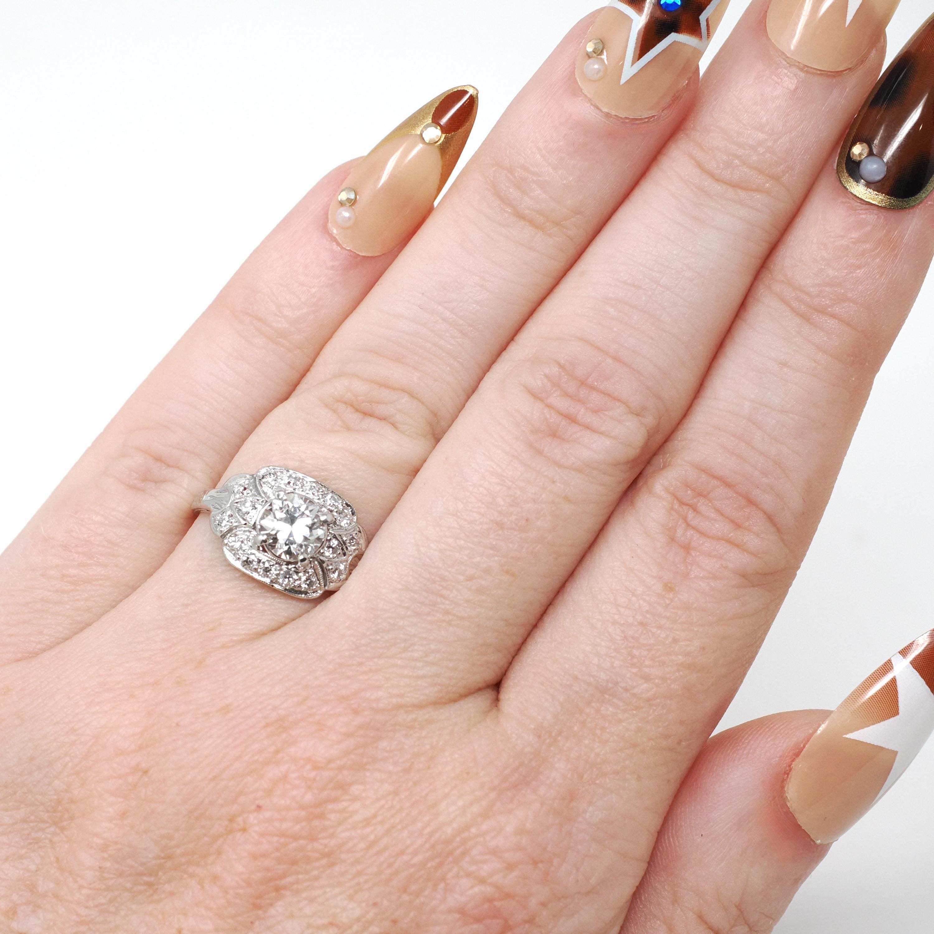 Art Deco Diamond Ring - Vintage Platinum 1.05 CTW Natural Gemstones - Circa 1920s Era Handmade Geometric Cluster Size 5 1/4 Fine 20s Jewelry