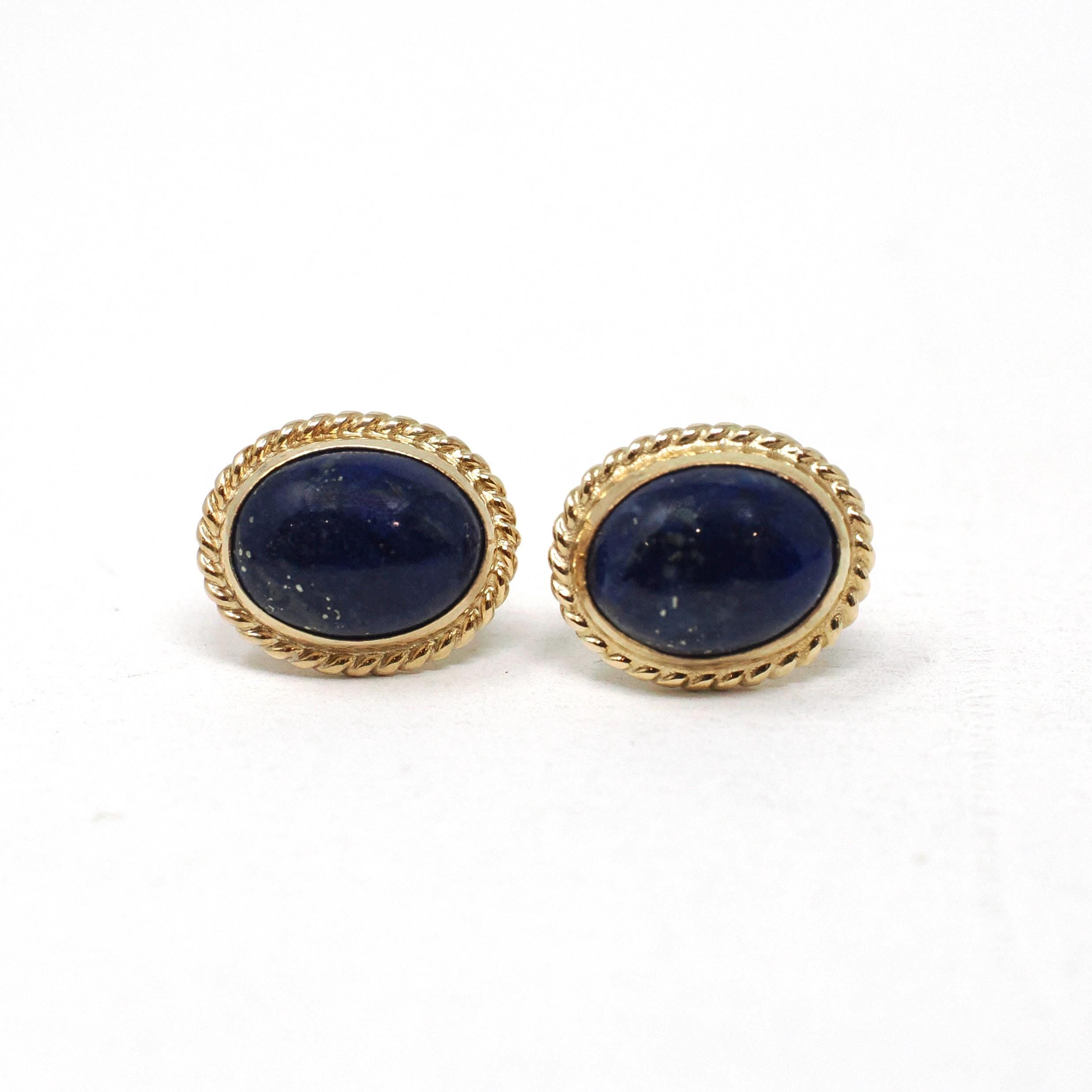 Lapis Lazuli Earrings - Retro 14k Yellow Gold Oval Cabochon Cut Blue Gemstones Pierced Post Studs - Vintage 1960s Era Push Back Fine Jewelry