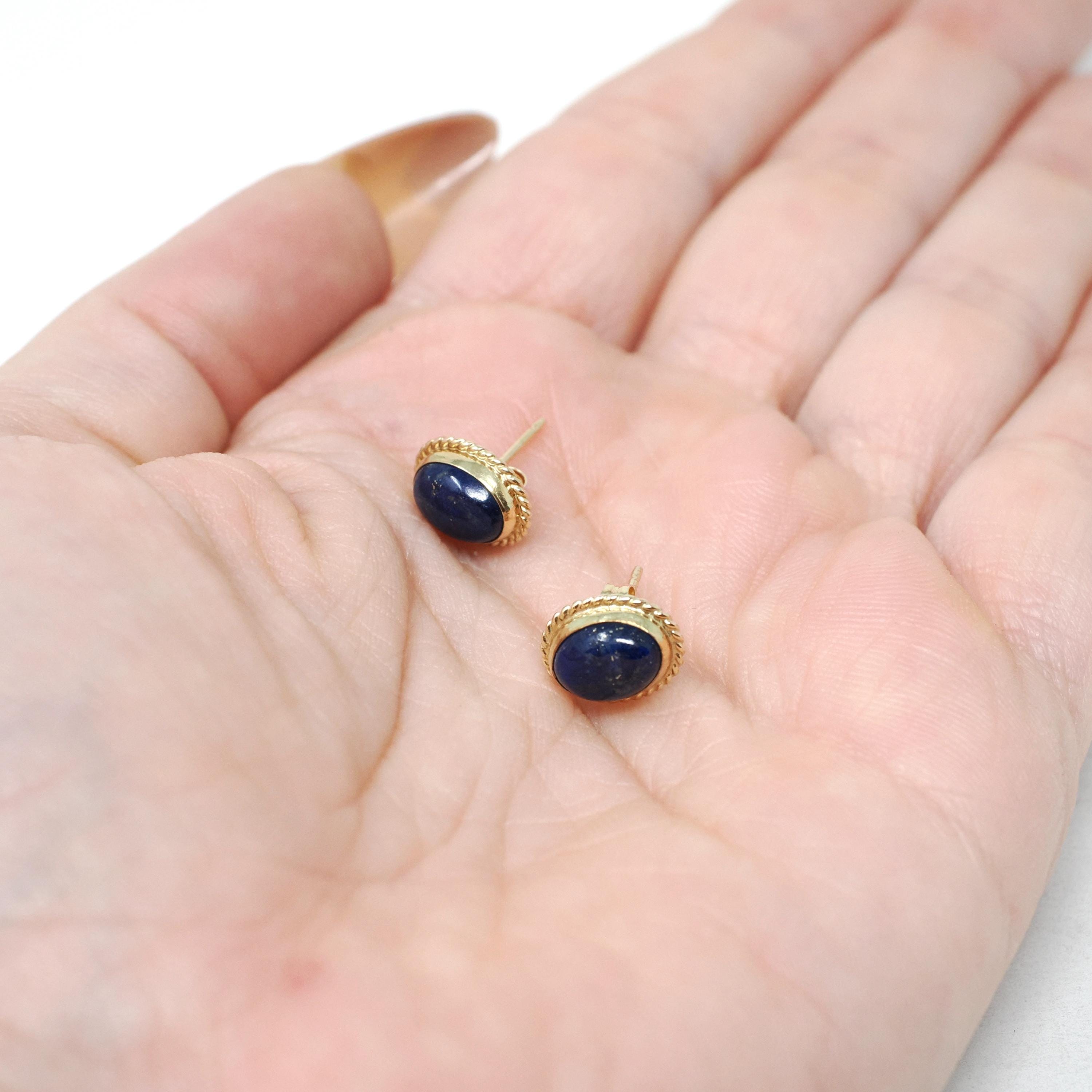 Lapis Lazuli Earrings - Retro 14k Yellow Gold Oval Cabochon Cut Blue Gemstones Pierced Post Studs - Vintage 1960s Era Push Back Fine Jewelry
