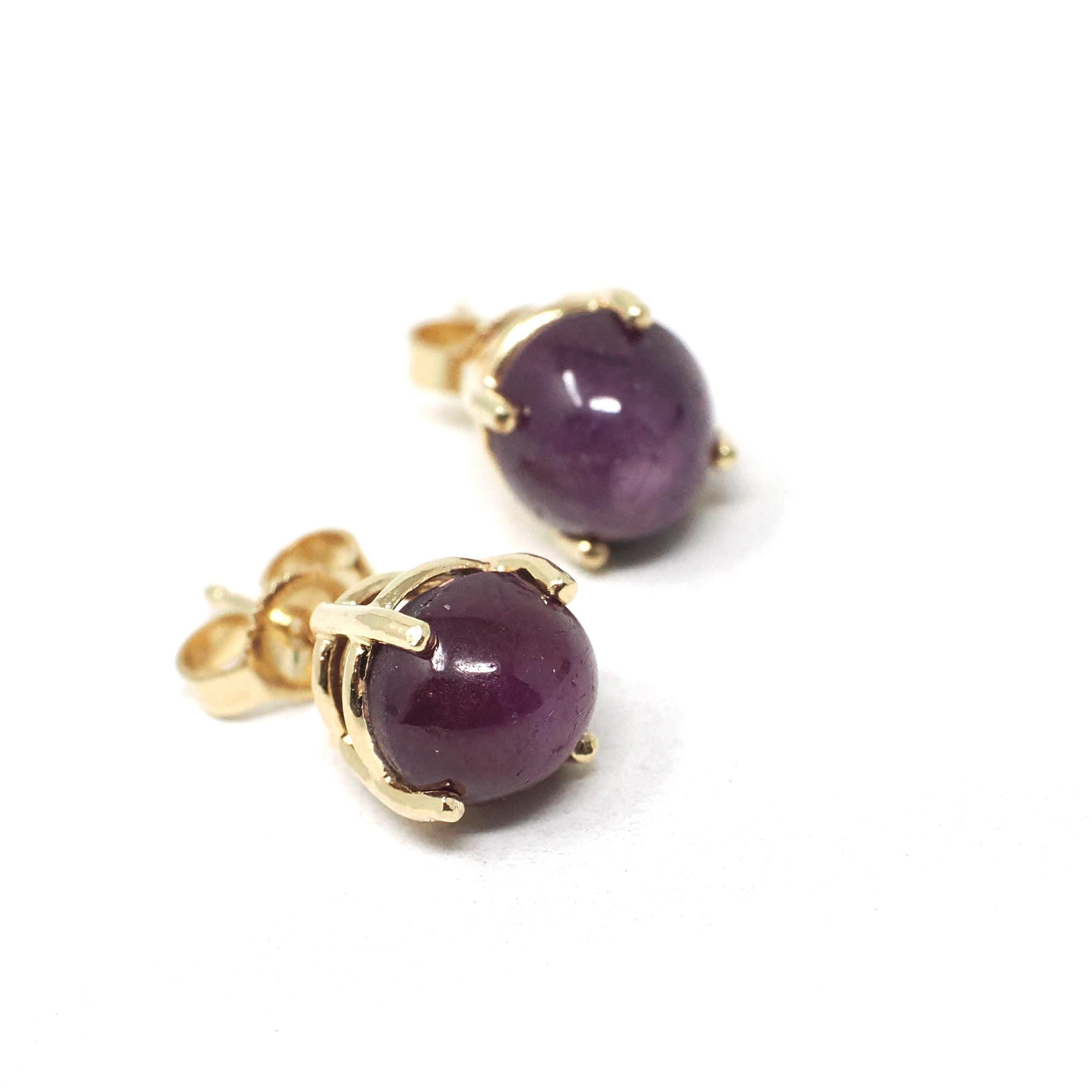 Star Ruby Earrings - Modern 14k Yellow Gold Cabochon Cut Red Purple Natural Gem Pierce Studs - Estate Circa 2000s Era Push Back Fine Jewelry