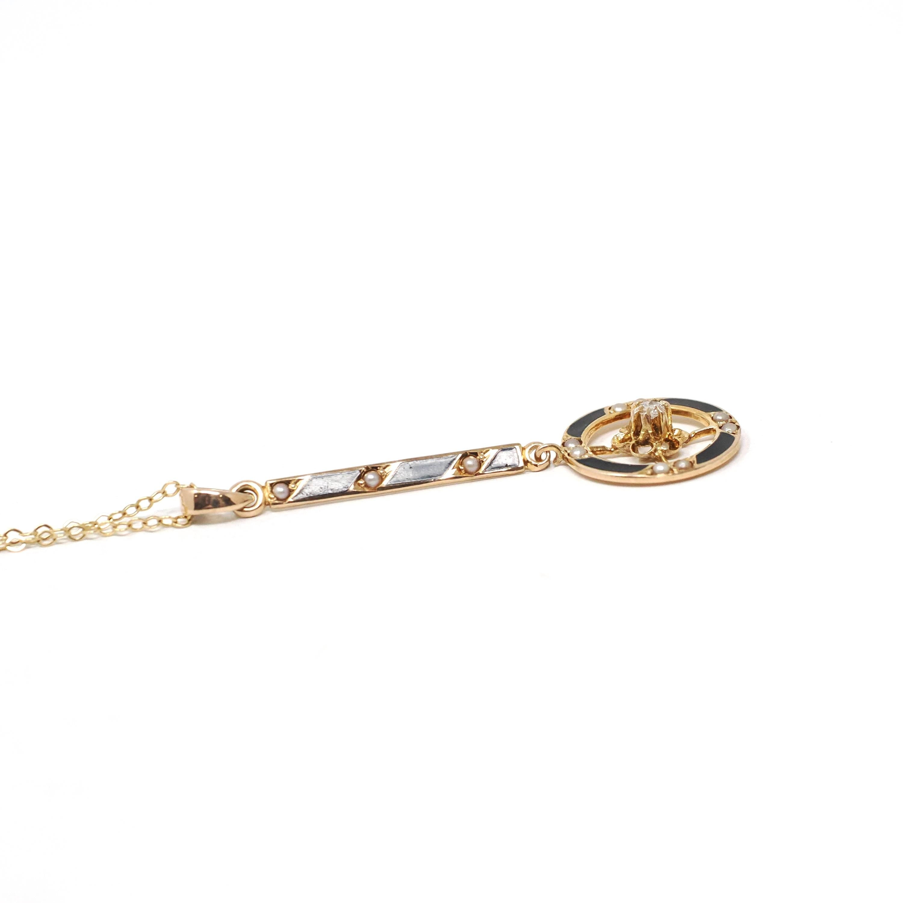 Antique Victorian Lavalier - 10k Yellow Gold Seed Pearl Diamond & Black Enamel Pendant - Circa 1890s Era Necklace Fine Statement Jewelry