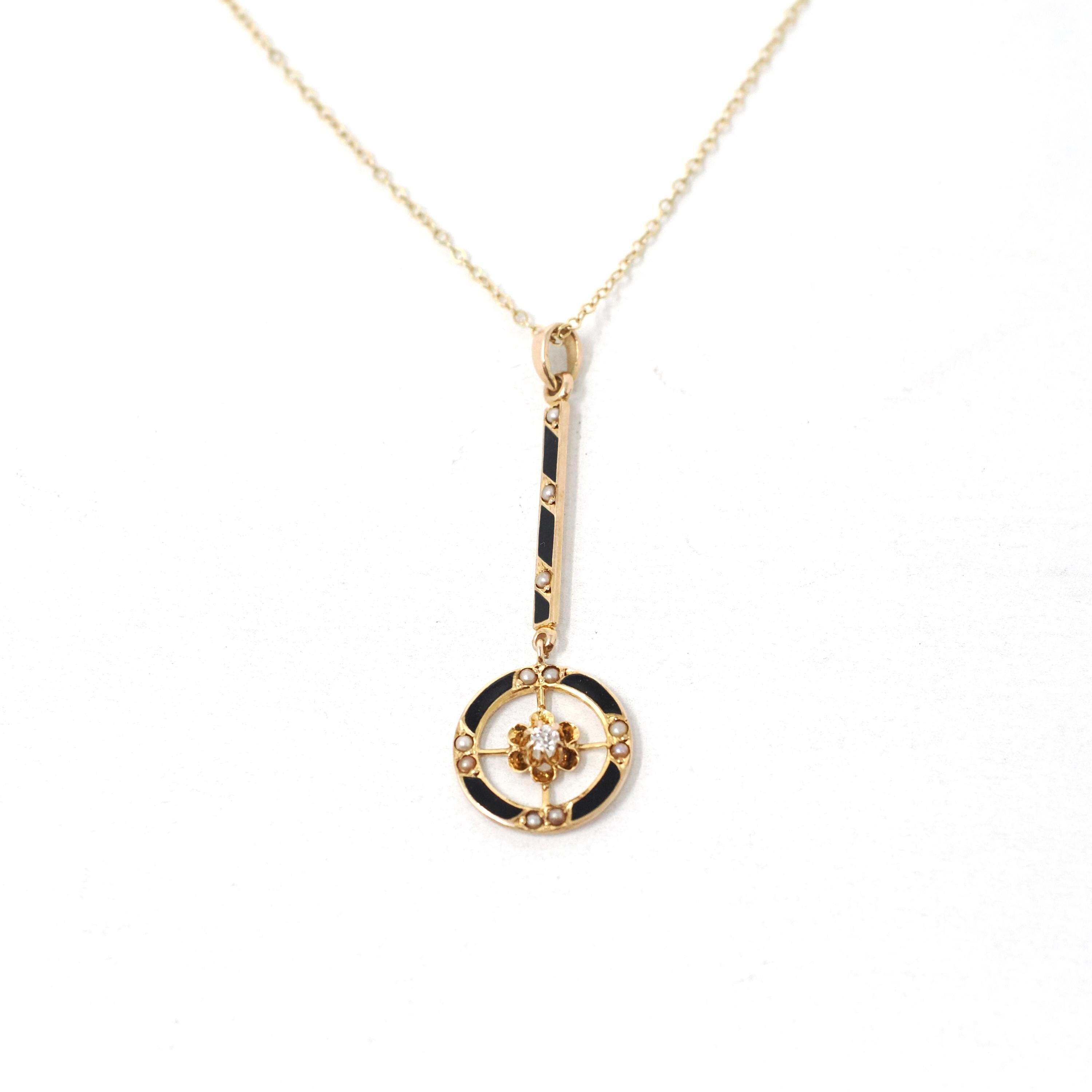 Antique Victorian Lavalier - 10k Yellow Gold Seed Pearl Diamond & Black Enamel Pendant - Circa 1890s Era Necklace Fine Statement Jewelry