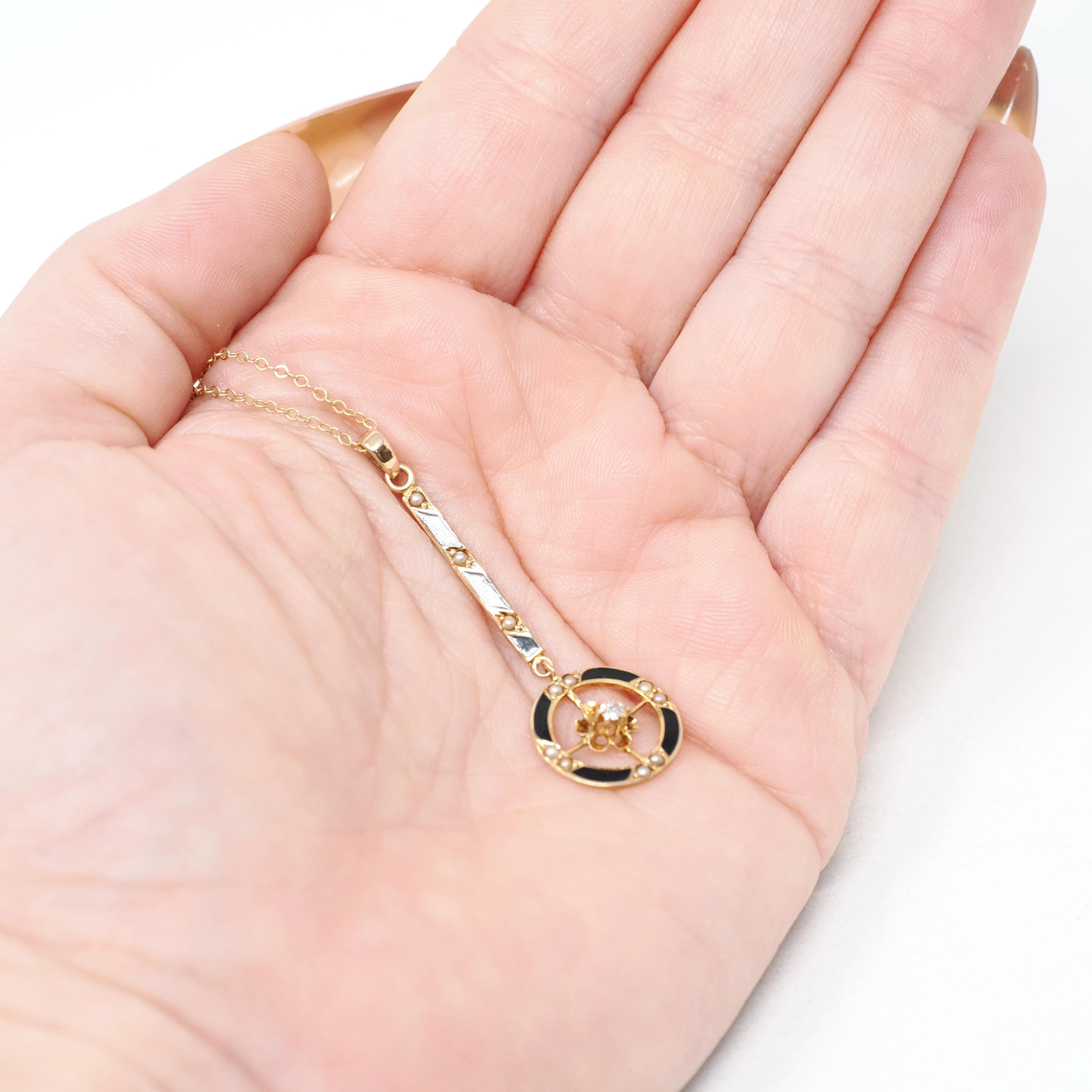 Antique Victorian Lavalier - 10k Yellow Gold Seed Pearl Diamond & Black Enamel Pendant - Circa 1890s Era Necklace Fine Statement Jewelry