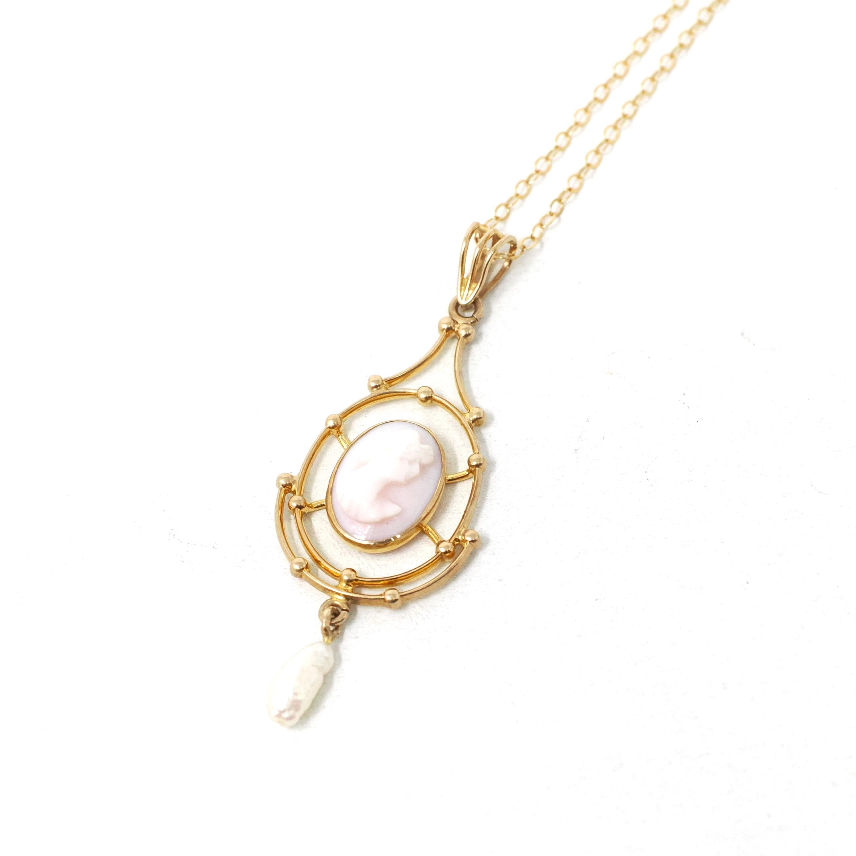 Antique Cameo Lavalier - Edwardian 10k Yellow Gold Carved Pink Shell Baroque Pearls Charm Pendant - Circa 1910s Era Necklace Fine Jewelry