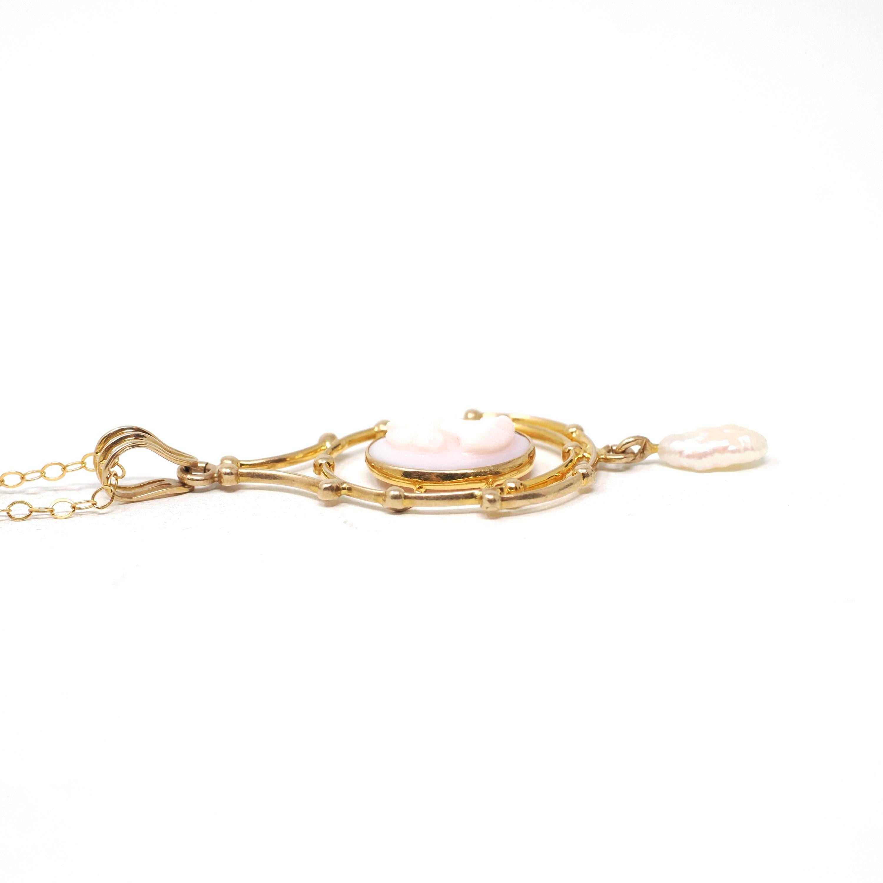 Antique Cameo Lavalier - Edwardian 10k Yellow Gold Carved Pink Shell Baroque Pearls Charm Pendant - Circa 1910s Era Necklace Fine Jewelry