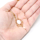 Antique Cameo Lavalier - Edwardian 10k Yellow Gold Carved Pink Shell Baroque Pearls Charm Pendant - Circa 1910s Era Necklace Fine Jewelry