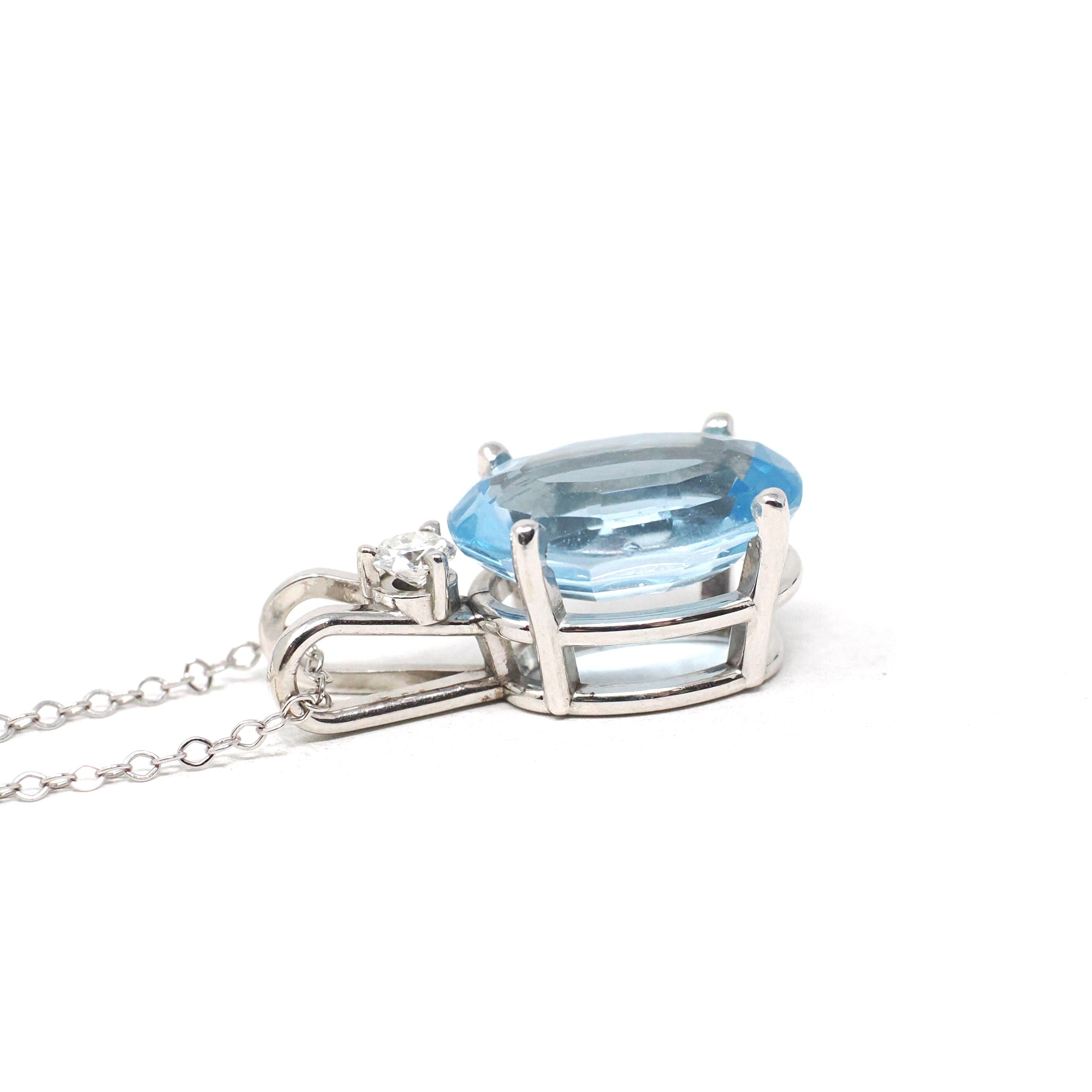 Blue Topaz Pendant - Estate 14k White Gold Oval Faceted 5.17 CT Blue Gem - Modern Circa 2000s Era Diamond Necklace Fine Statement Jewelry