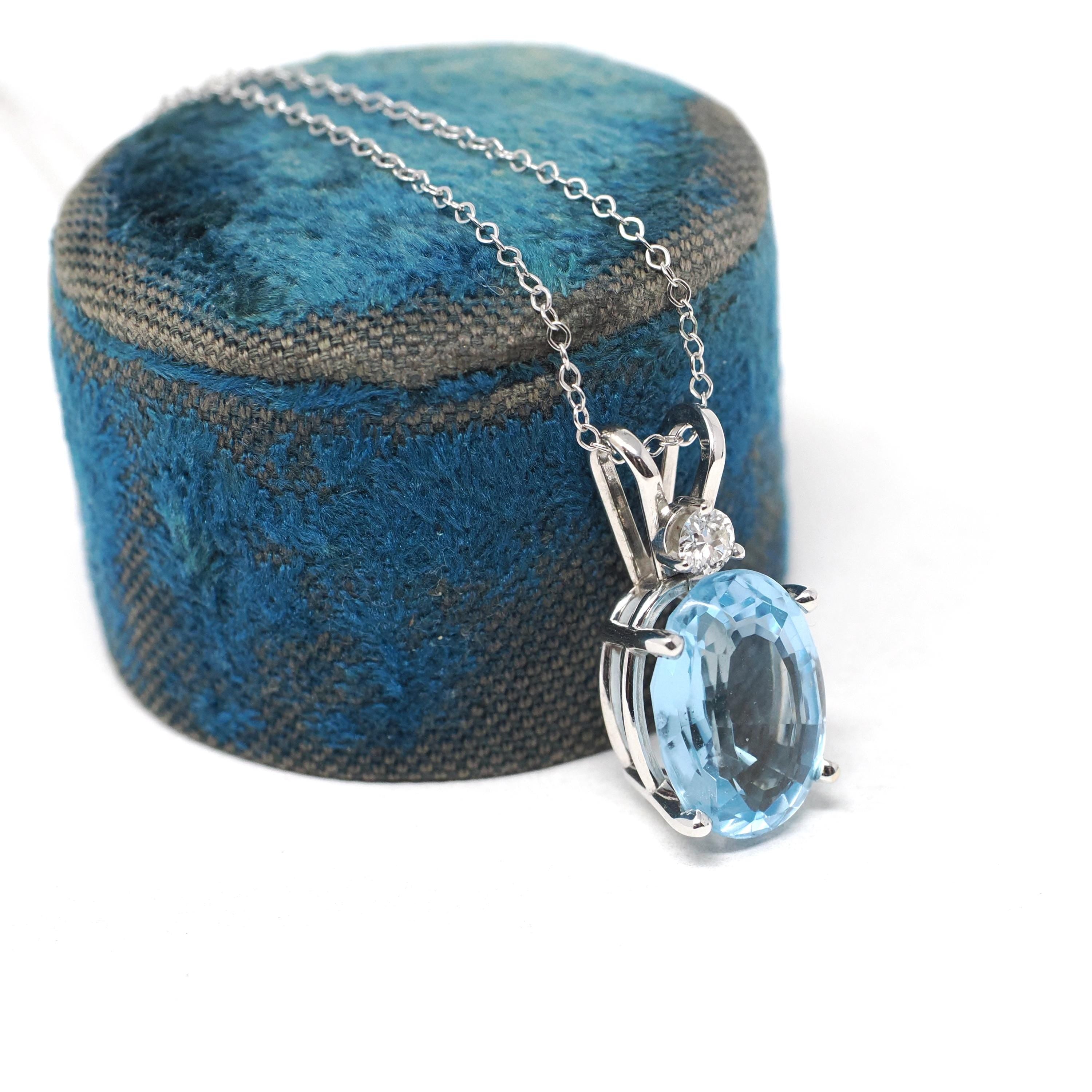 Blue Topaz Pendant - Estate 14k White Gold Oval Faceted 5.17 CT Blue Gem - Modern Circa 2000s Era Diamond Necklace Fine Statement Jewelry