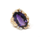 Vintage Amethyst Ring - Modern 14k Yellow Gold Natural Purple 9.78 CT Gem Diamonds - Estate Circa 1980s Size 6 1/4 Leaf Nature Fine Jewelry