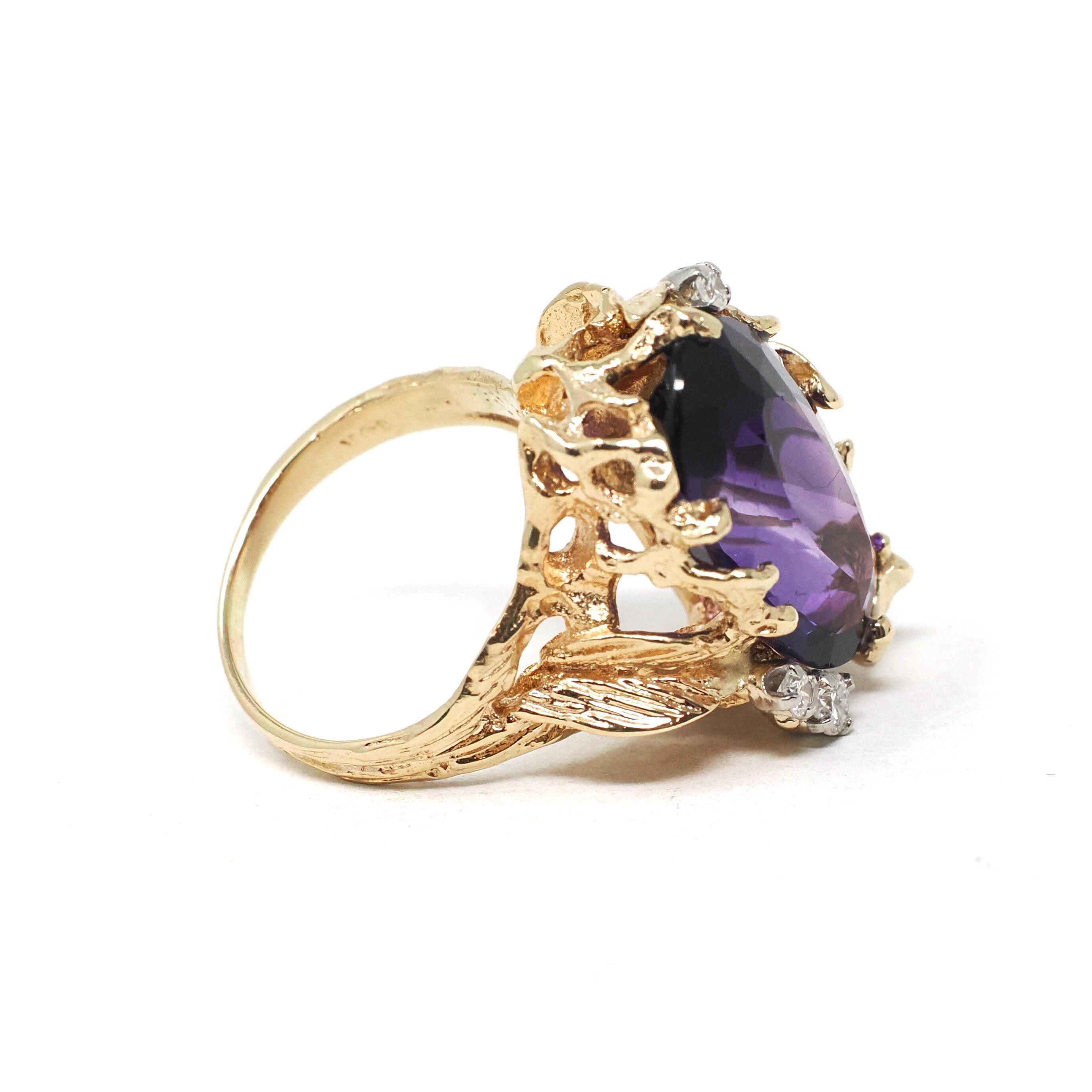 Vintage Amethyst Ring - Modern 14k Yellow Gold Natural Purple 9.78 CT Gem Diamonds - Estate Circa 1980s Size 6 1/4 Leaf Nature Fine Jewelry