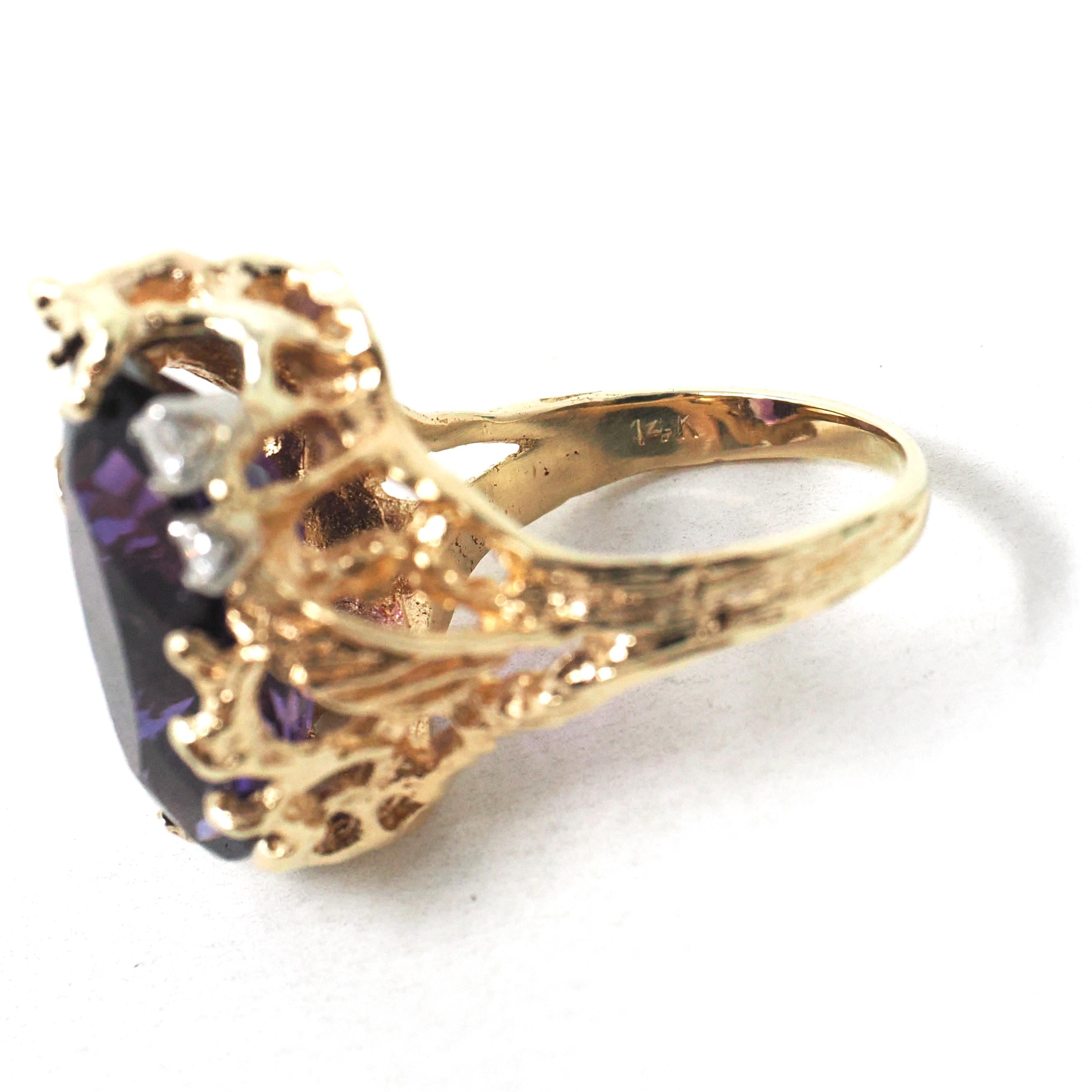 Vintage Amethyst Ring - Modern 14k Yellow Gold Natural Purple 9.78 CT Gem Diamonds - Estate Circa 1980s Size 6 1/4 Leaf Nature Fine Jewelry