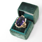 Vintage Amethyst Ring - Modern 14k Yellow Gold Natural Purple 9.78 CT Gem Diamonds - Estate Circa 1980s Size 6 1/4 Leaf Nature Fine Jewelry