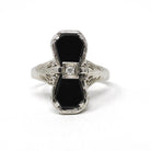Hourglass Onyx Ring - Art Deco Era 14k White Gold Black Chalcedony Statement Filigree - Antique Circa 1920s Era Size 7 Diamond Fine Jewelry