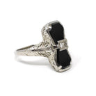 Hourglass Onyx Ring - Art Deco Era 14k White Gold Black Chalcedony Statement Filigree - Antique Circa 1920s Era Size 7 Diamond Fine Jewelry