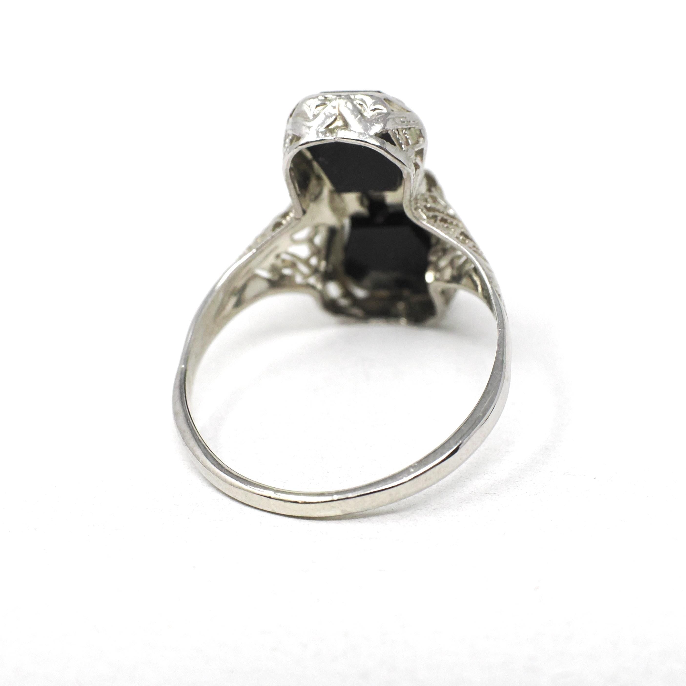 Hourglass Onyx Ring - Art Deco Era 14k White Gold Black Chalcedony Statement Filigree - Antique Circa 1920s Era Size 7 Diamond Fine Jewelry