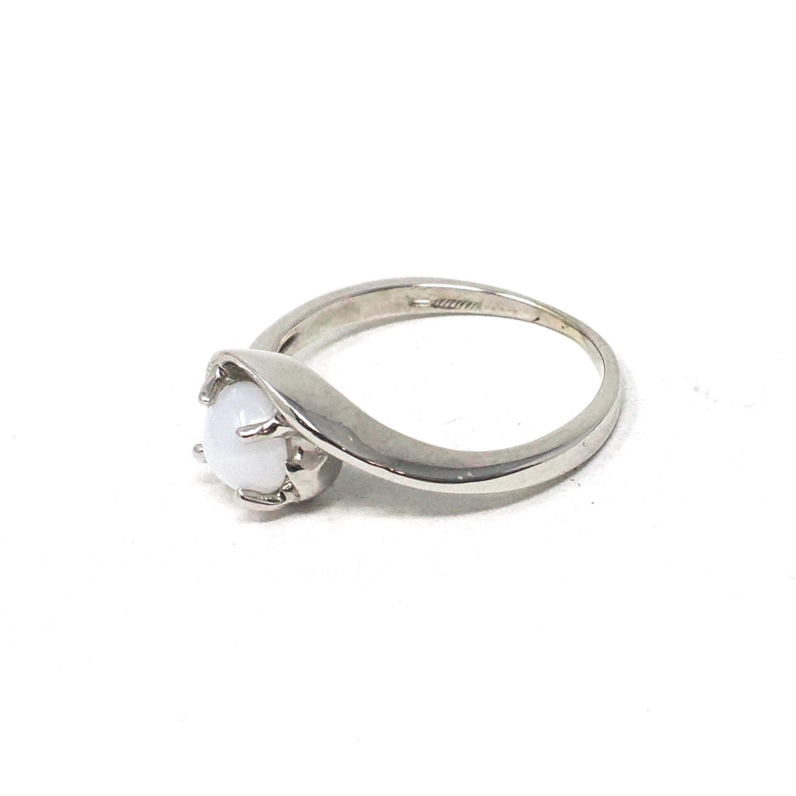 Created Star Sapphire Ring - Vintage 14k White Gold White Cabochon Gem - Retro Circa 1970s Era Size 3 3/4 Bypass Fine Statement 70s Jewelry