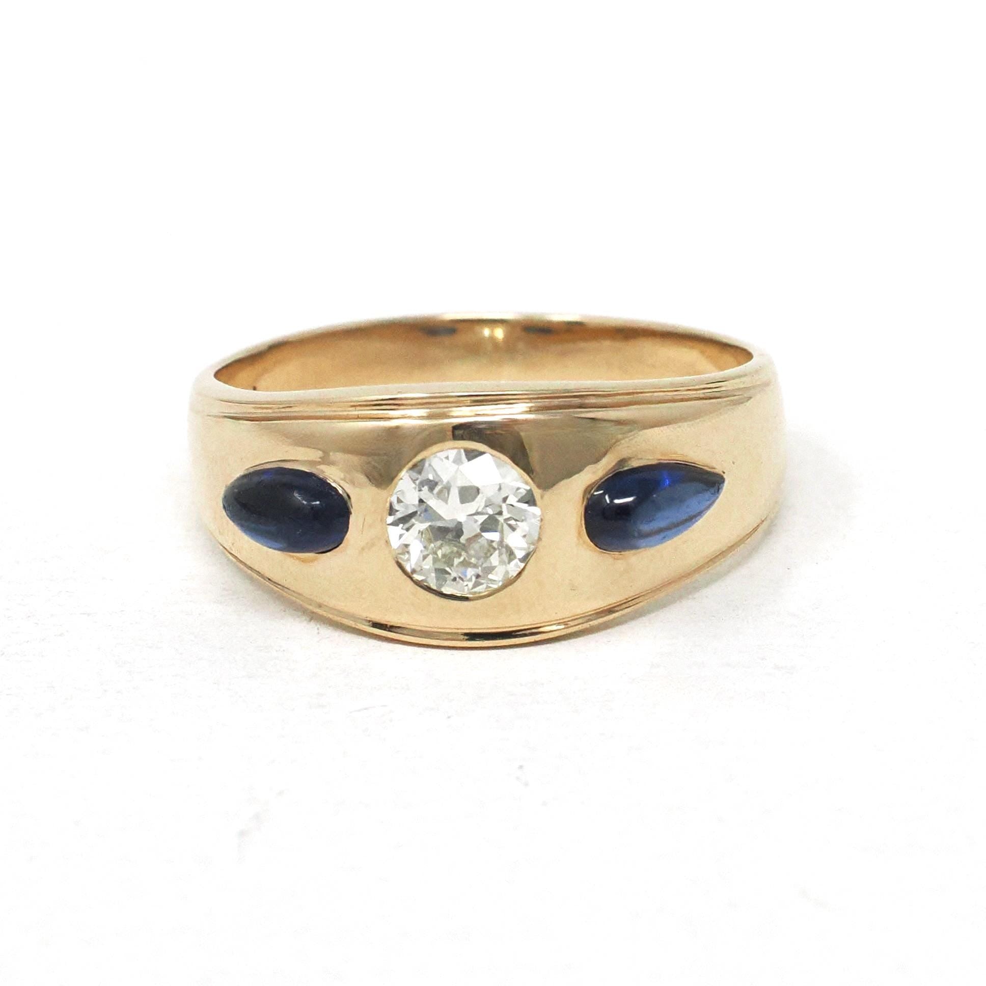 Diamond & Created Sapphire Ring - Mid Century 14k Yellow Gold Natural .57CT Old European Cut Band - Circa 1960s Size 9.5 Fine Bridal Jewelry